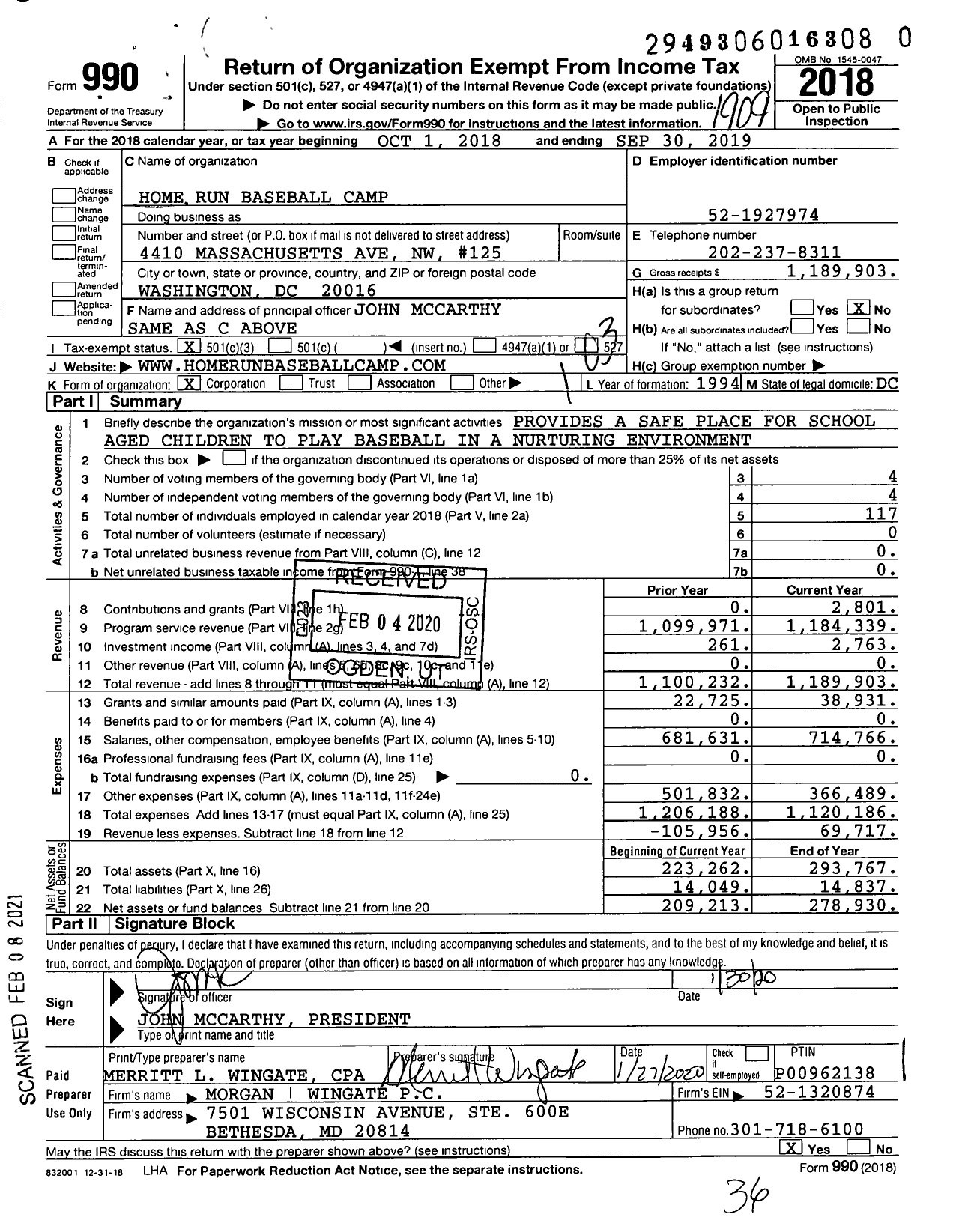 Image of first page of 2018 Form 990 for Home Run Baseball Camp