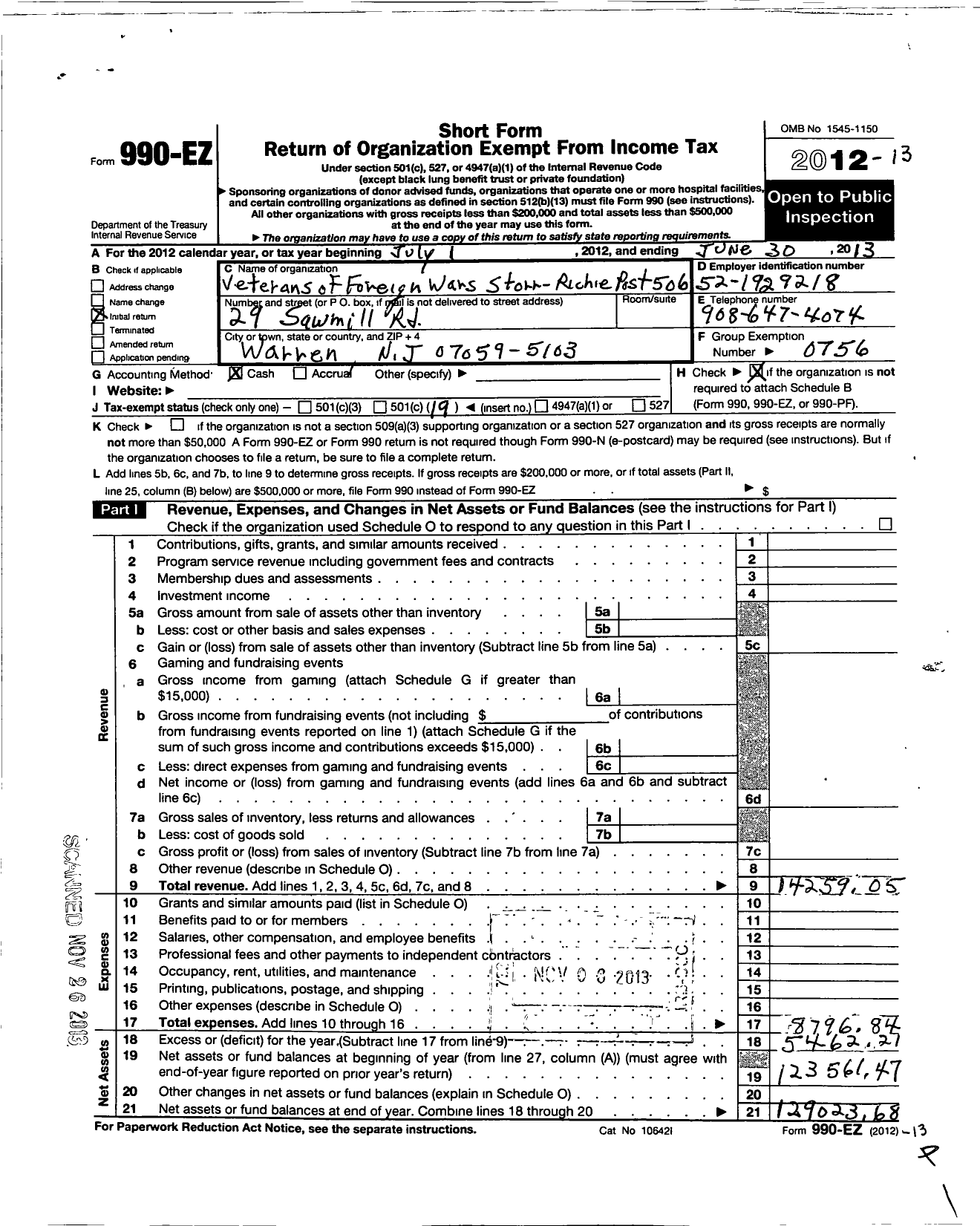 Image of first page of 2012 Form 990EO for Department of New Jersey VFW - 506 Storr Riche Post