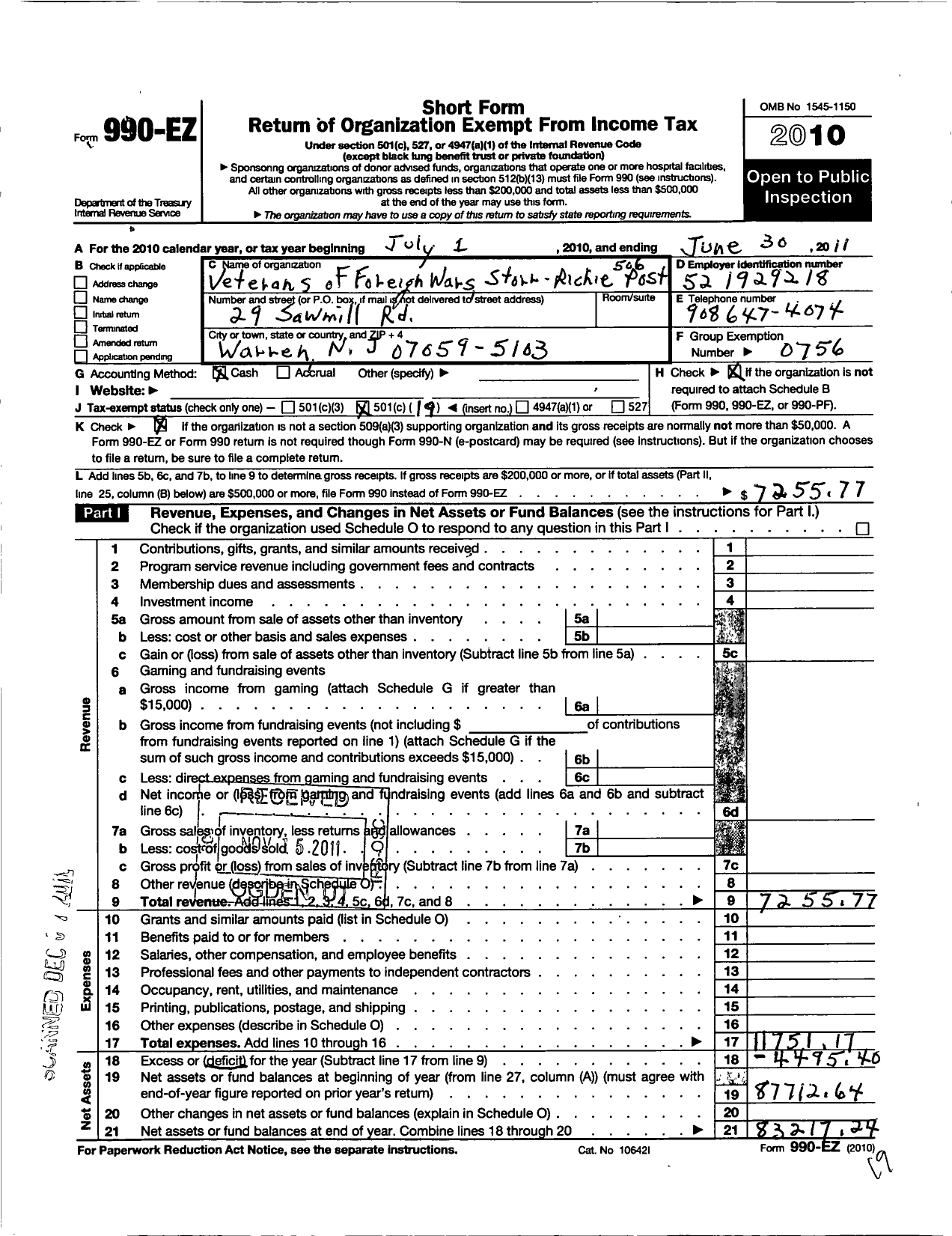 Image of first page of 2010 Form 990EO for Department of New Jersey VFW - 506 Storr Riche Post