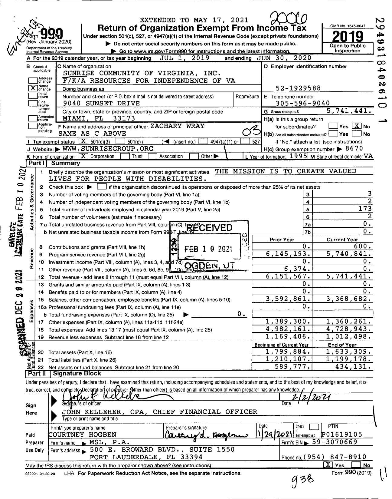 Image of first page of 2019 Form 990 for Sunrise Community of Virginia