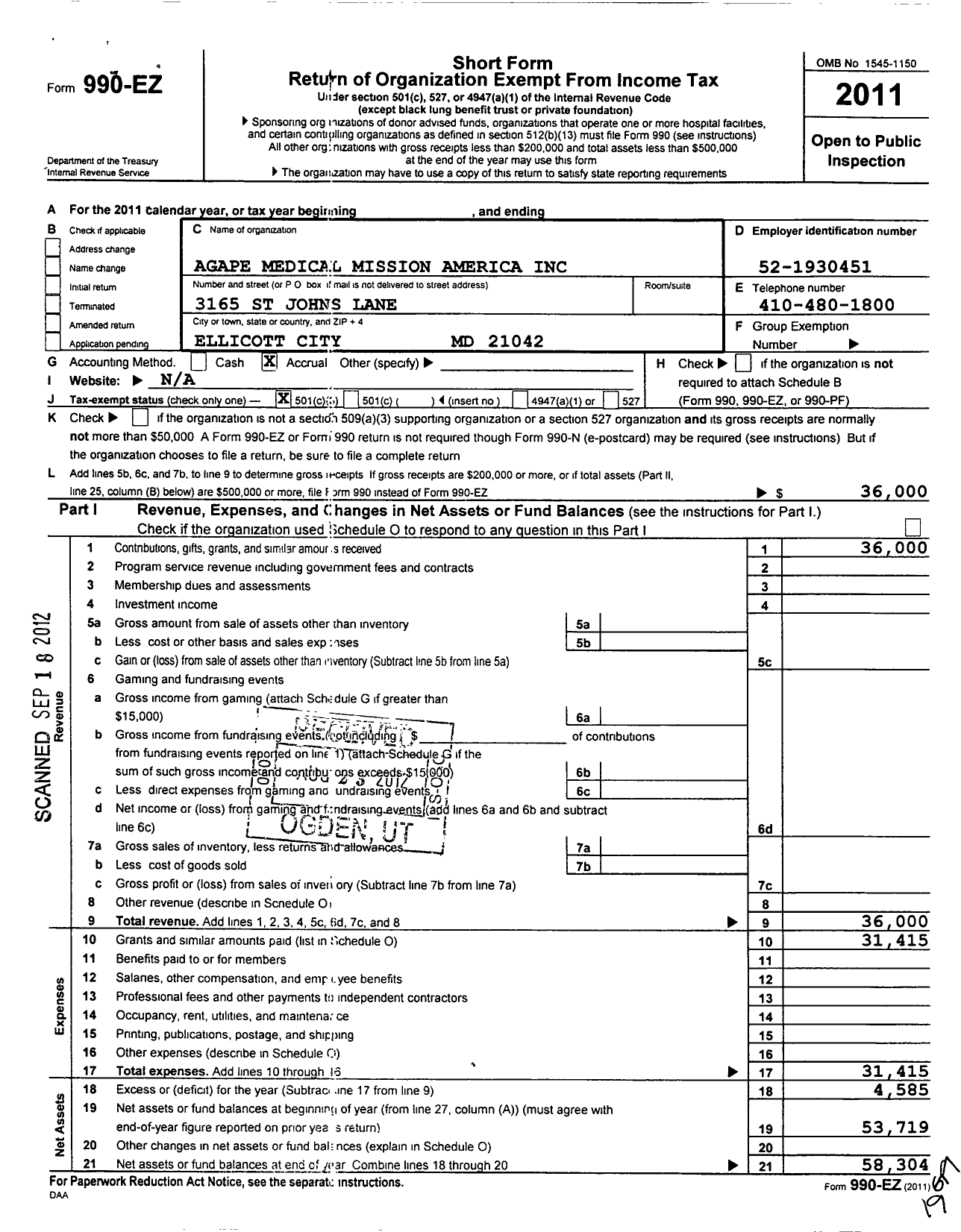 Image of first page of 2011 Form 990EZ for Agape Medical Mission America