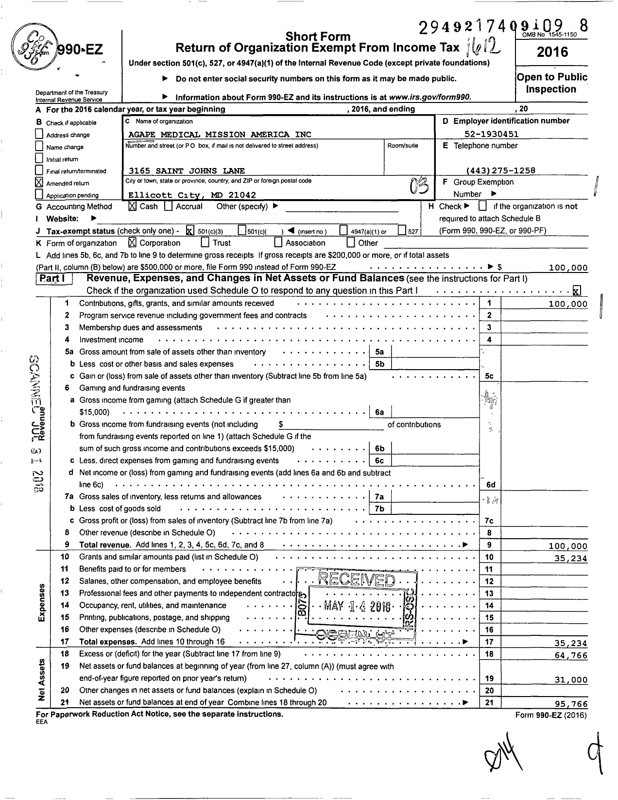 Image of first page of 2016 Form 990EZ for Agape Medical Mission America