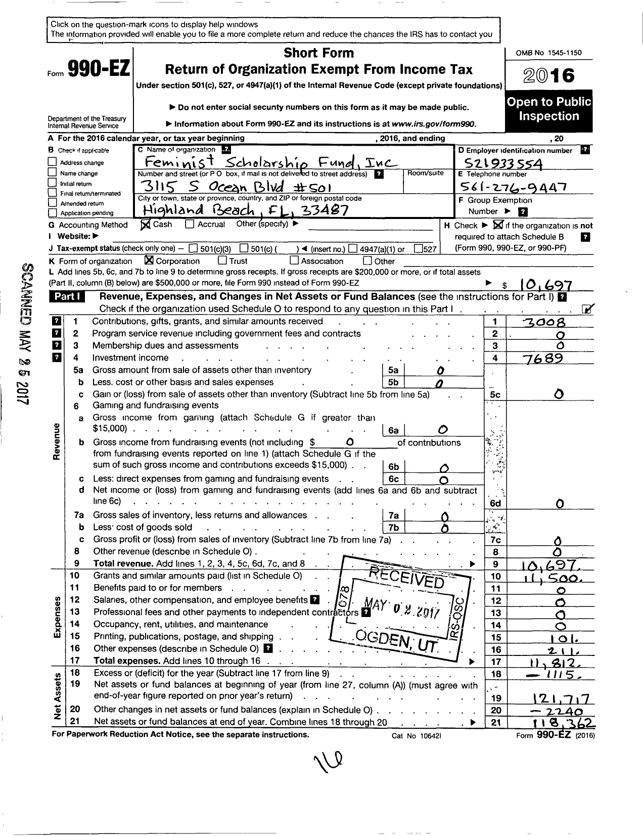 Image of first page of 2016 Form 990EO for Feminist Scholarship Fund