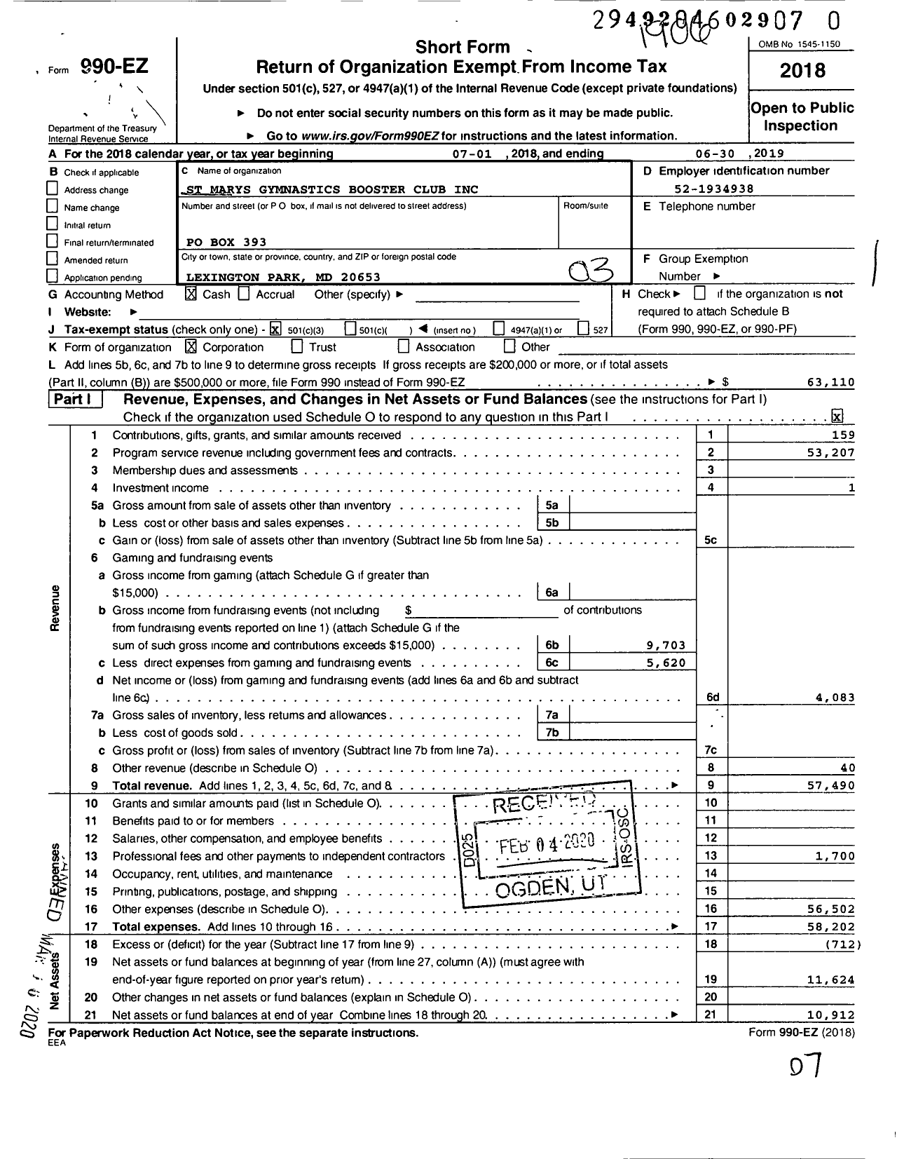 Image of first page of 2018 Form 990EZ for St Marys Gymnastics Booster Club