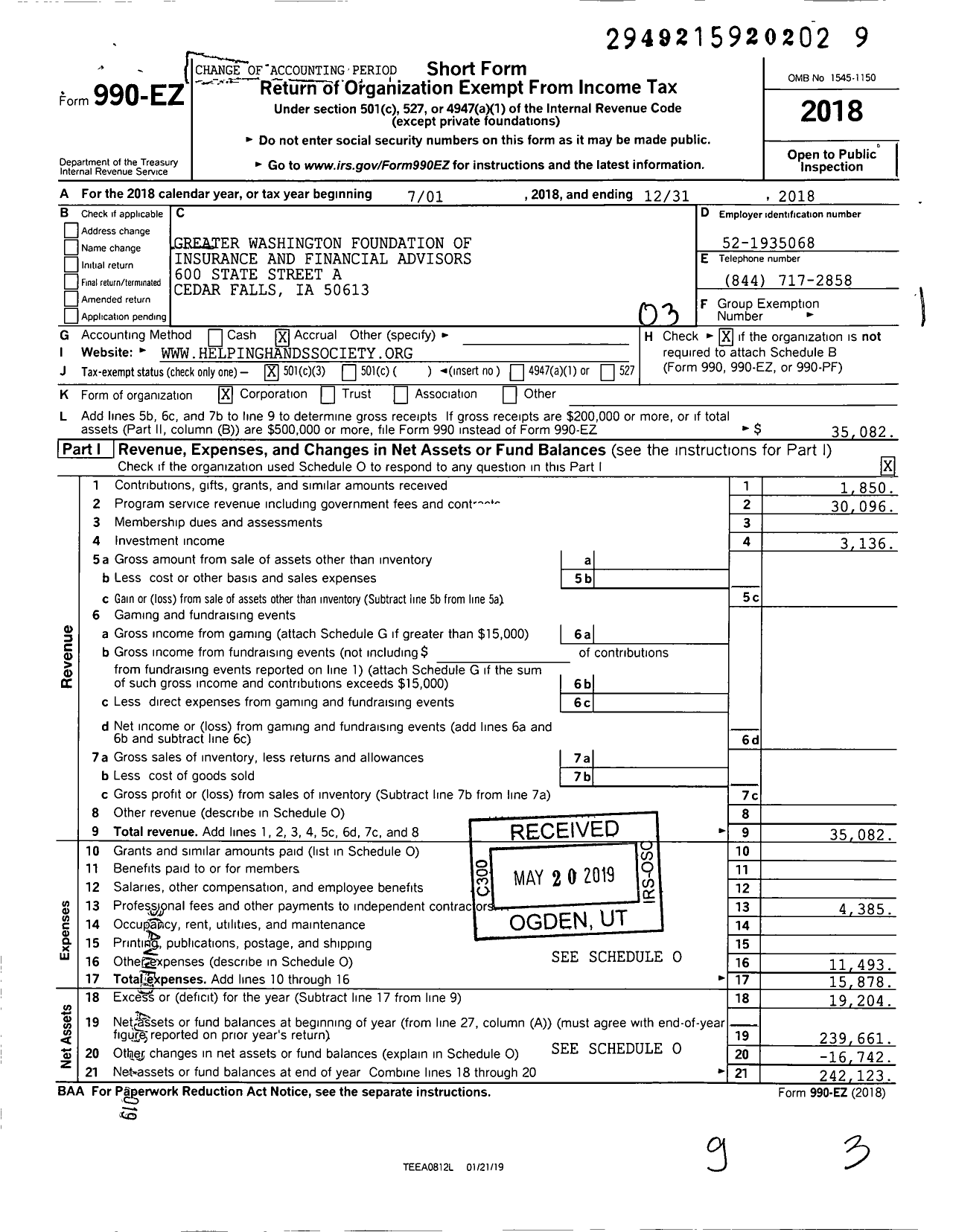 Image of first page of 2018 Form 990EZ for Greater Washington Foundation of Insurance and Financial Advisors