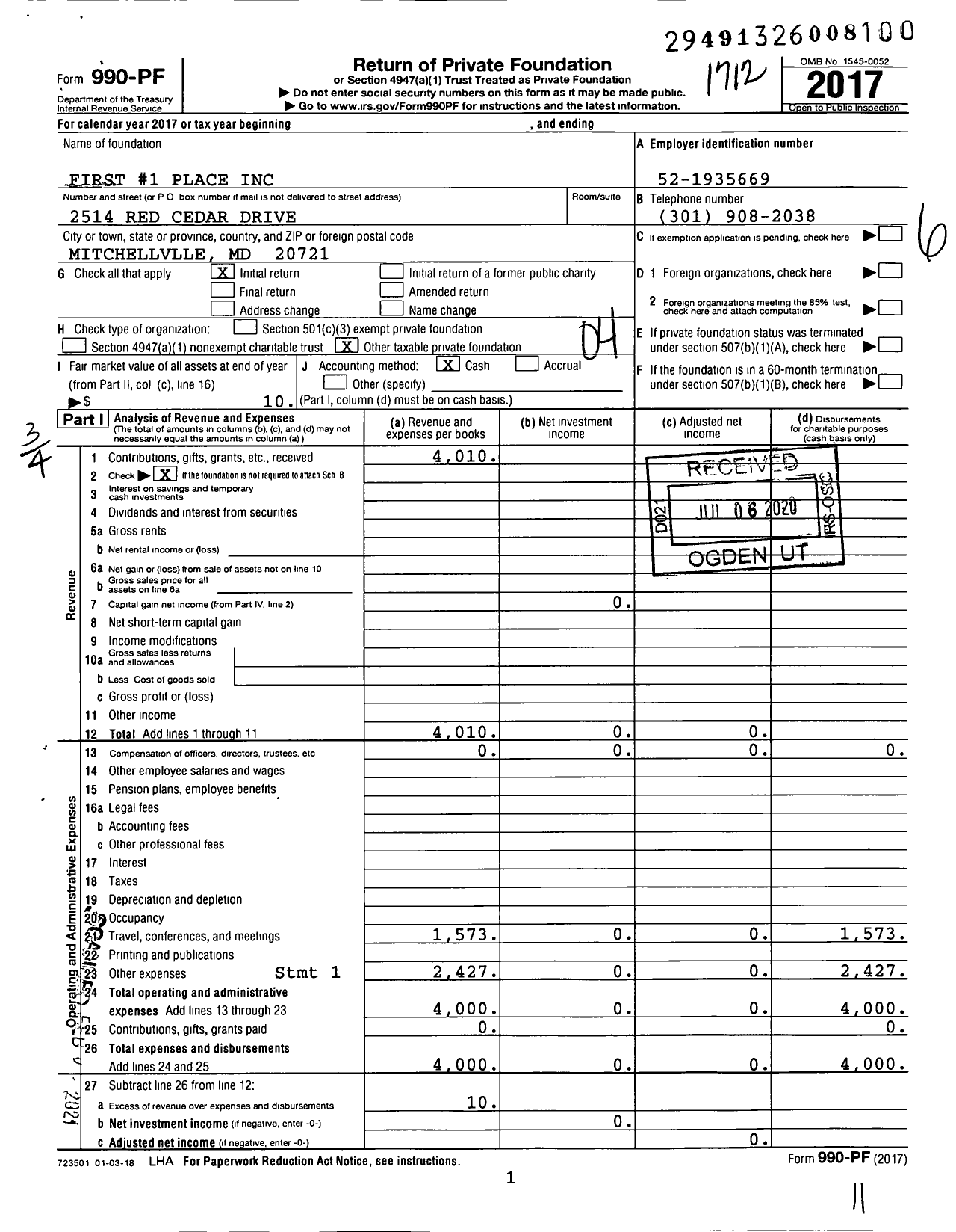 Image of first page of 2017 Form 990PF for First 1 Place