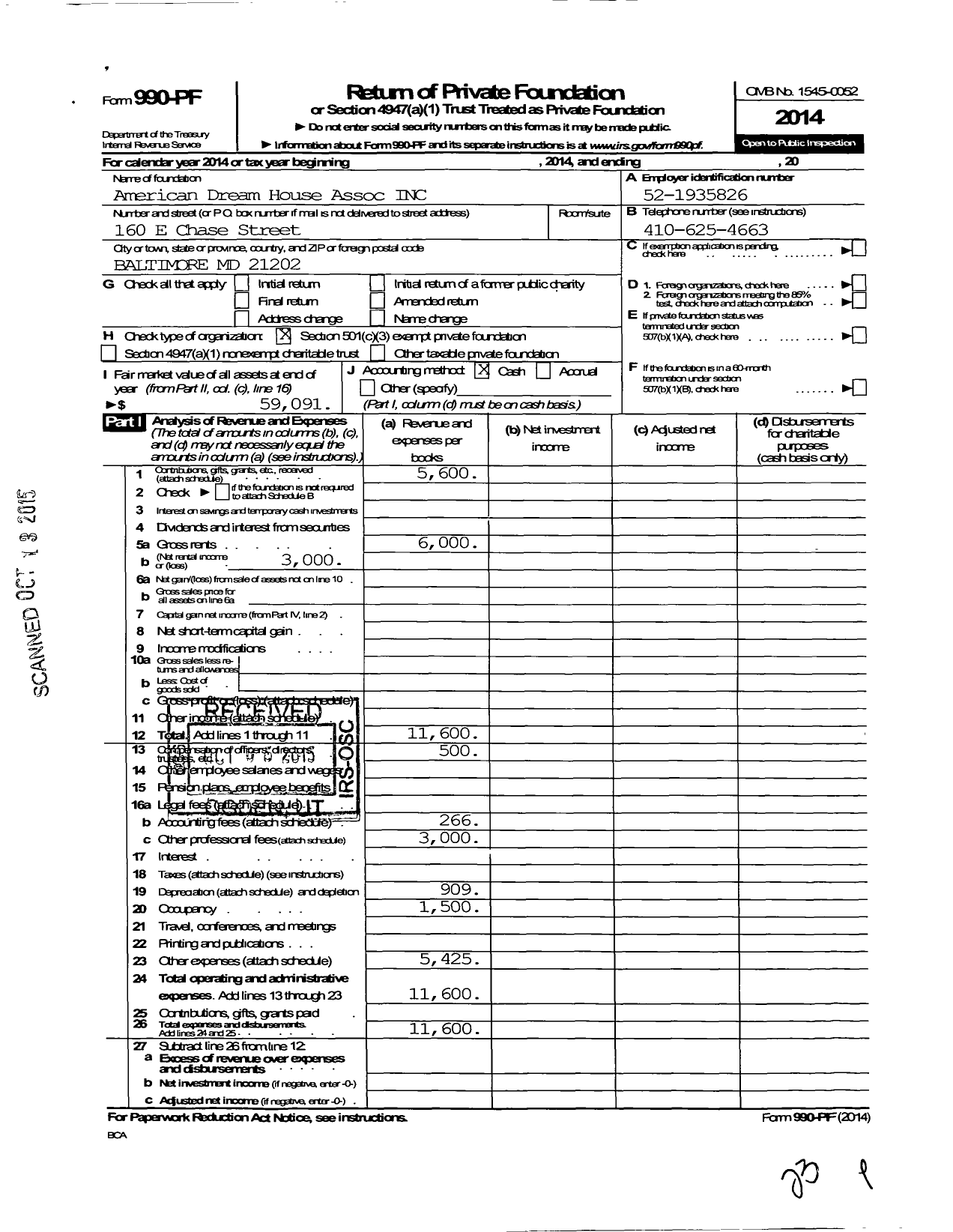 Image of first page of 2014 Form 990PF for American Dream House Assoc