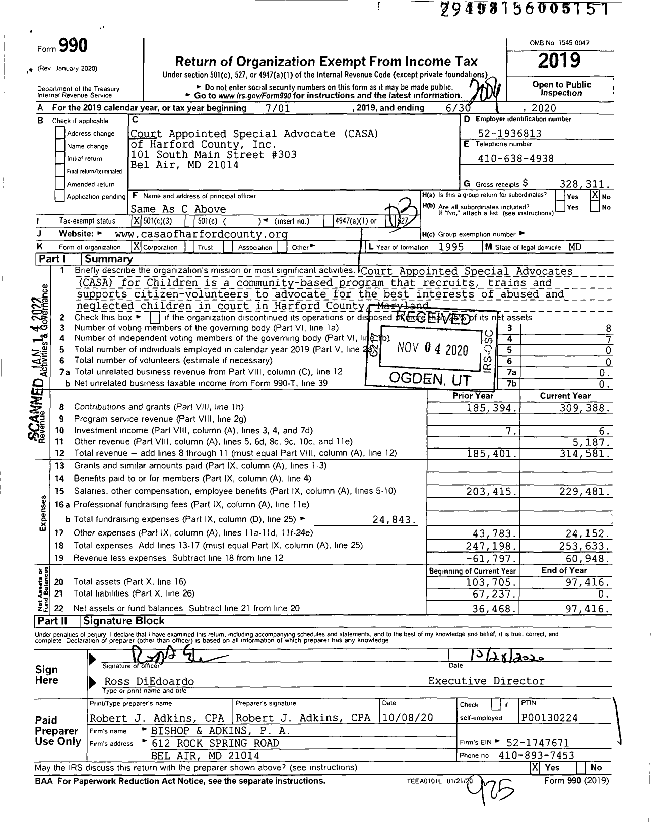 Image of first page of 2019 Form 990 for Court Appointed Special Advocate CASA of Harford County