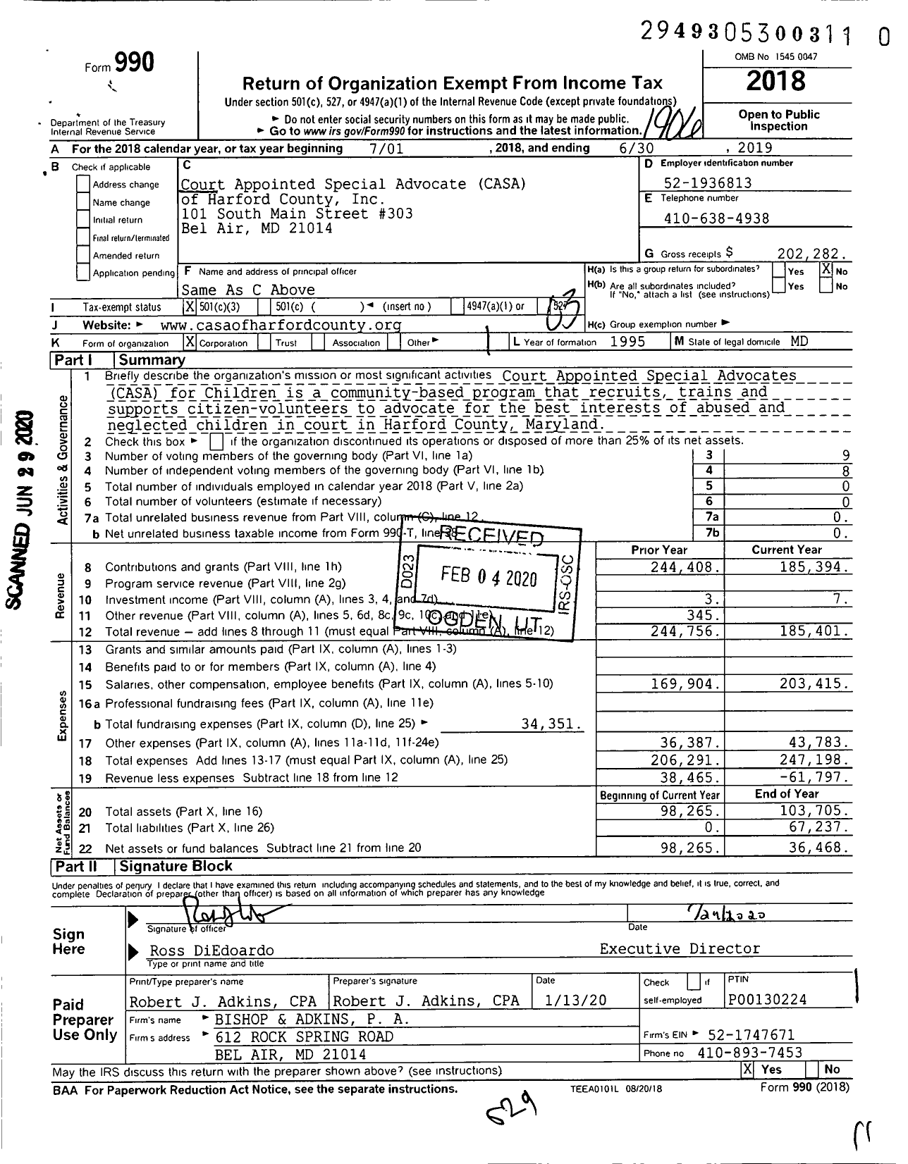 Image of first page of 2018 Form 990 for Court Appointed Special Advocate CASA of Harford County