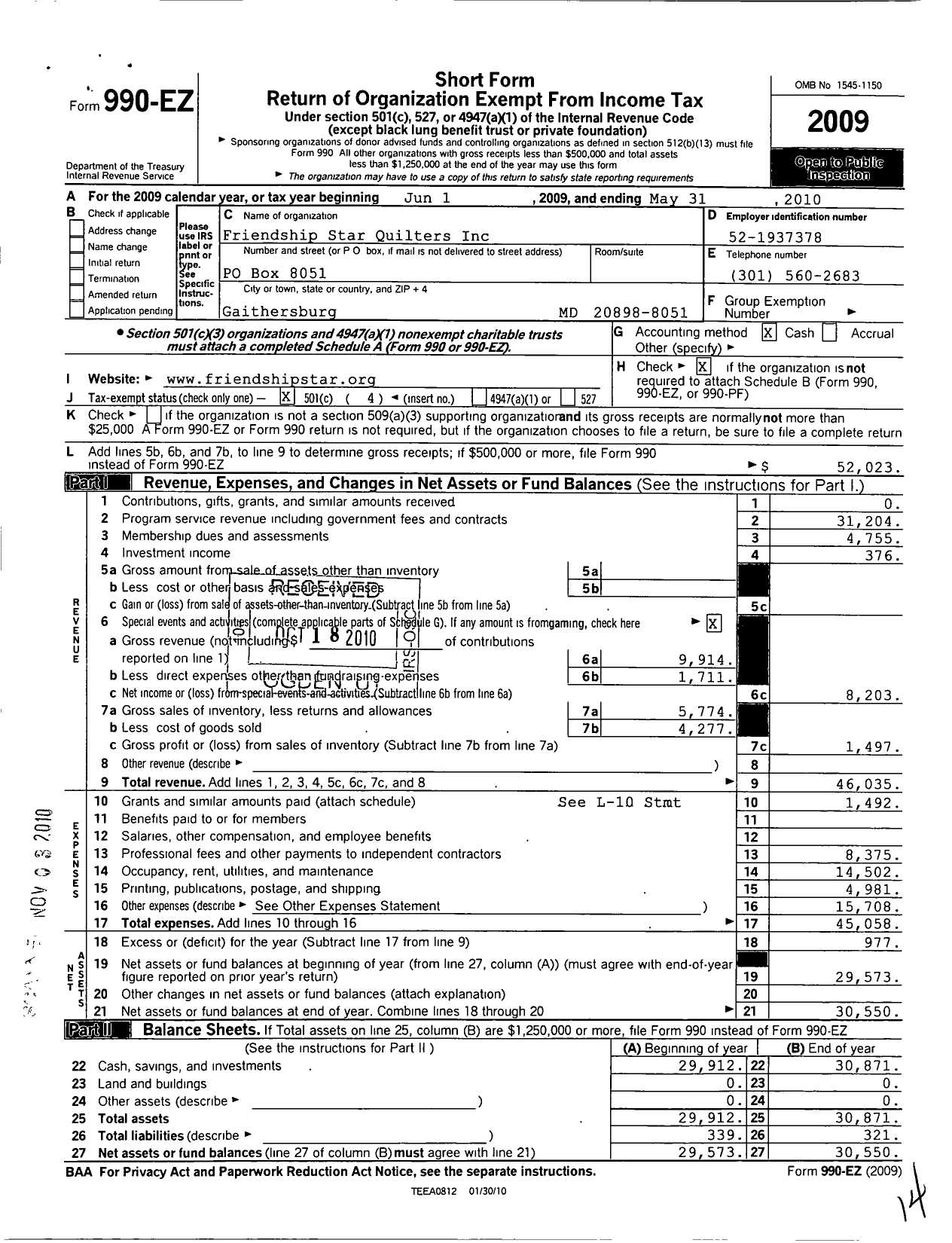 Image of first page of 2009 Form 990EO for Friendship Star Quilters