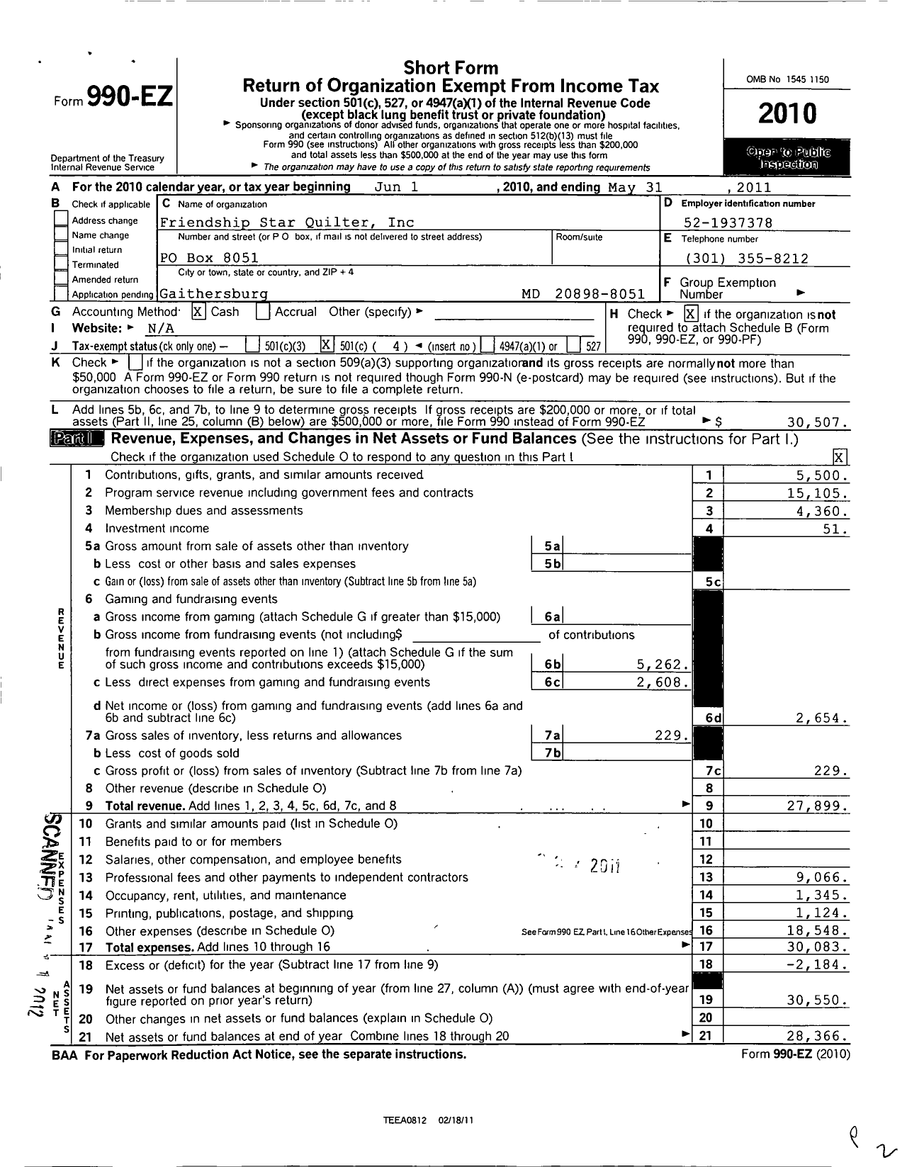 Image of first page of 2010 Form 990EO for Friendship Star Quilters