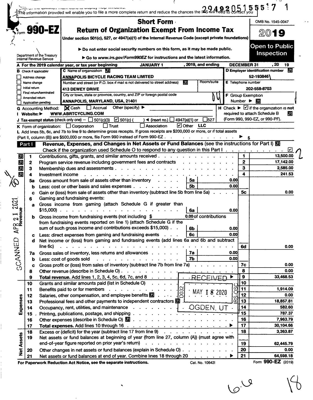 Image of first page of 2019 Form 990EO for Annapolis Bicycle Racing Team Limited