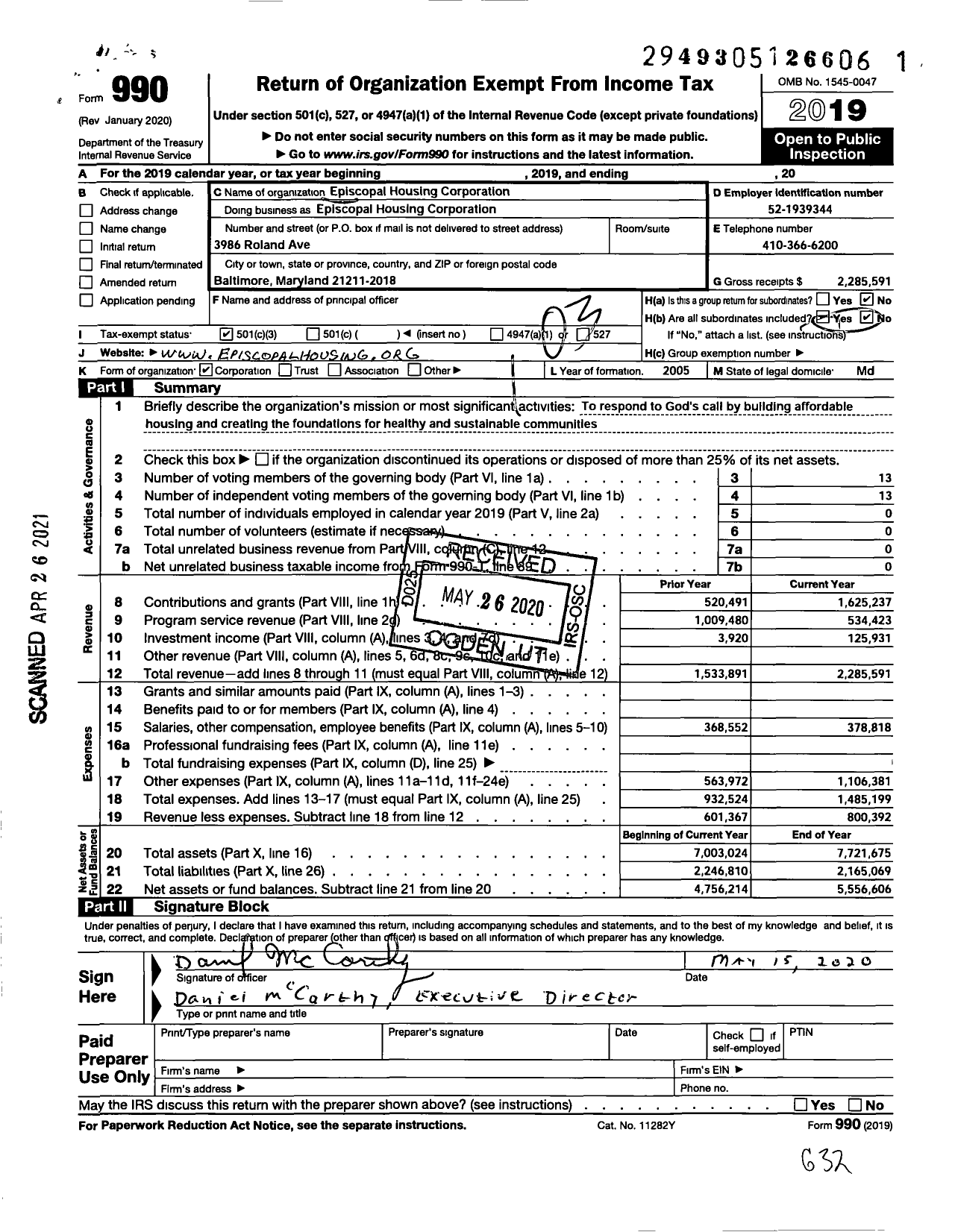 Image of first page of 2019 Form 990 for Episcopal Housing Corporation