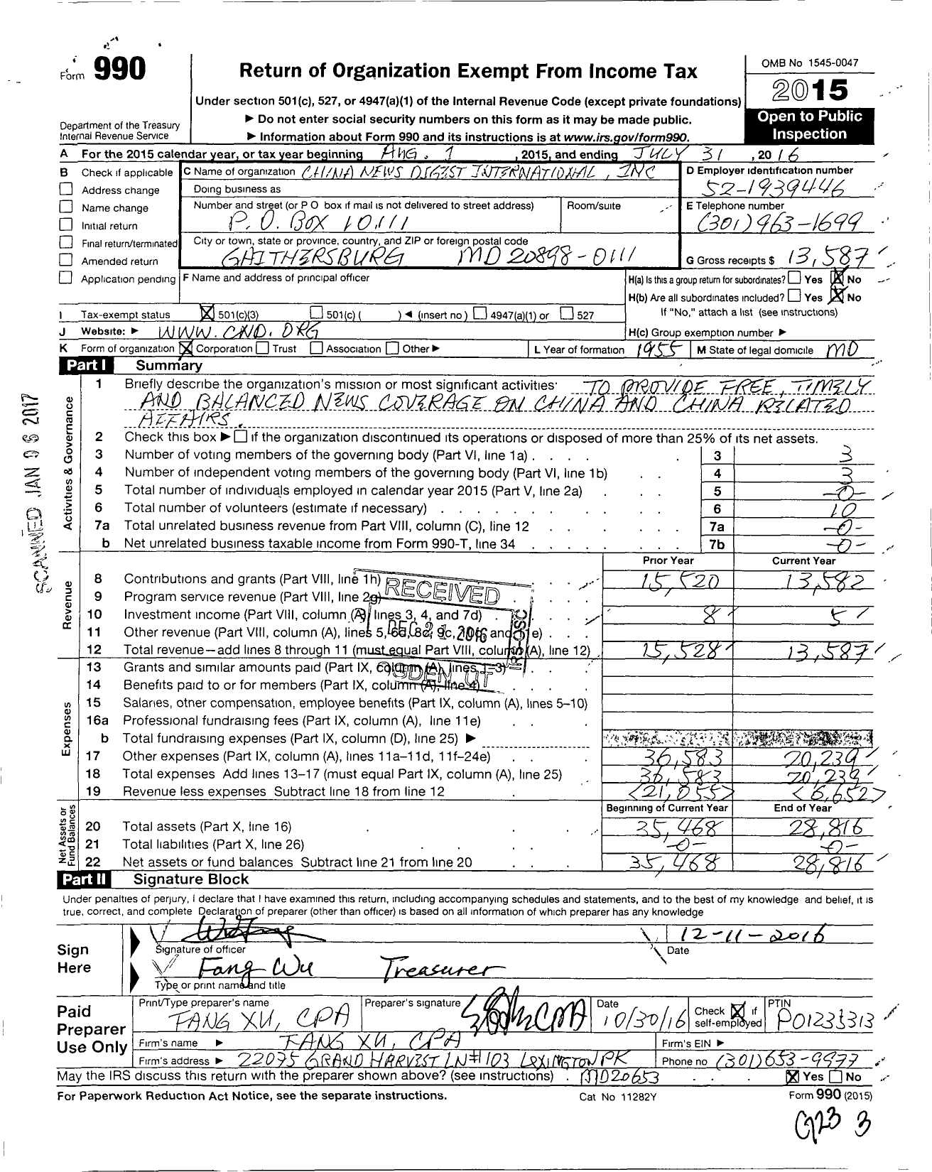 Image of first page of 2015 Form 990 for China News Digest International