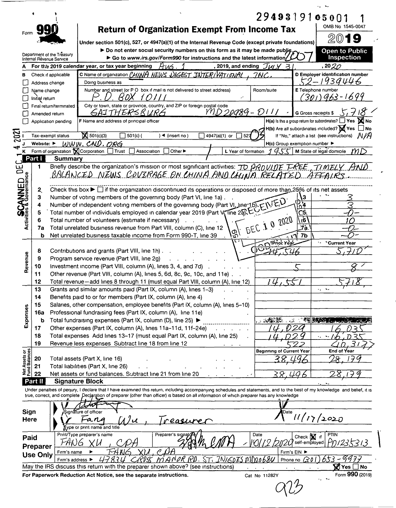 Image of first page of 2019 Form 990 for China News Digest International