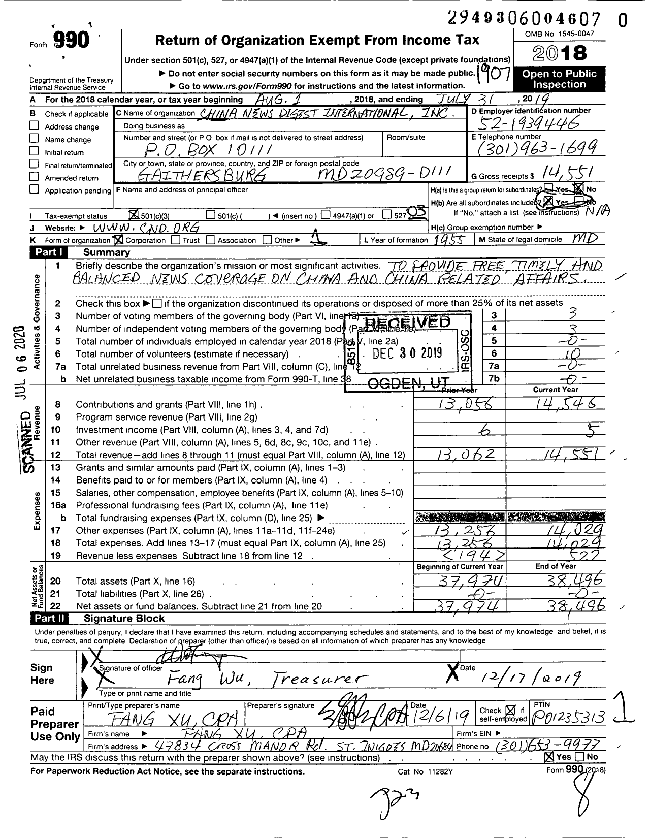 Image of first page of 2018 Form 990 for China News Digest International