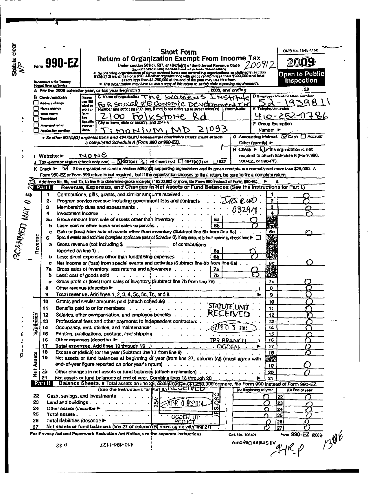 Image of first page of 2009 Form 990EZ for The Womens Institute for Social and Economic Development