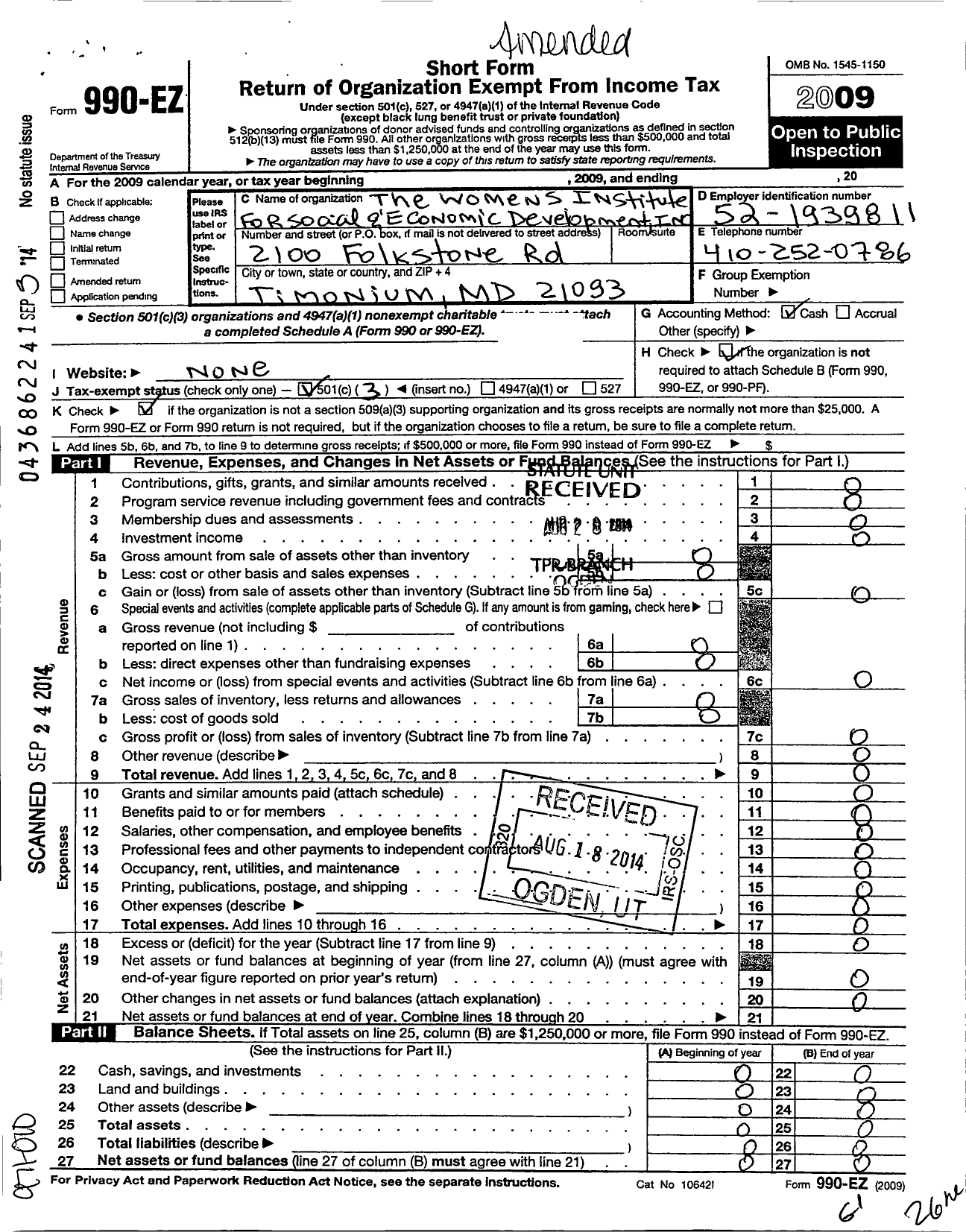 Image of first page of 2009 Form 990EZ for The Womens Institute for Social and Economic Development