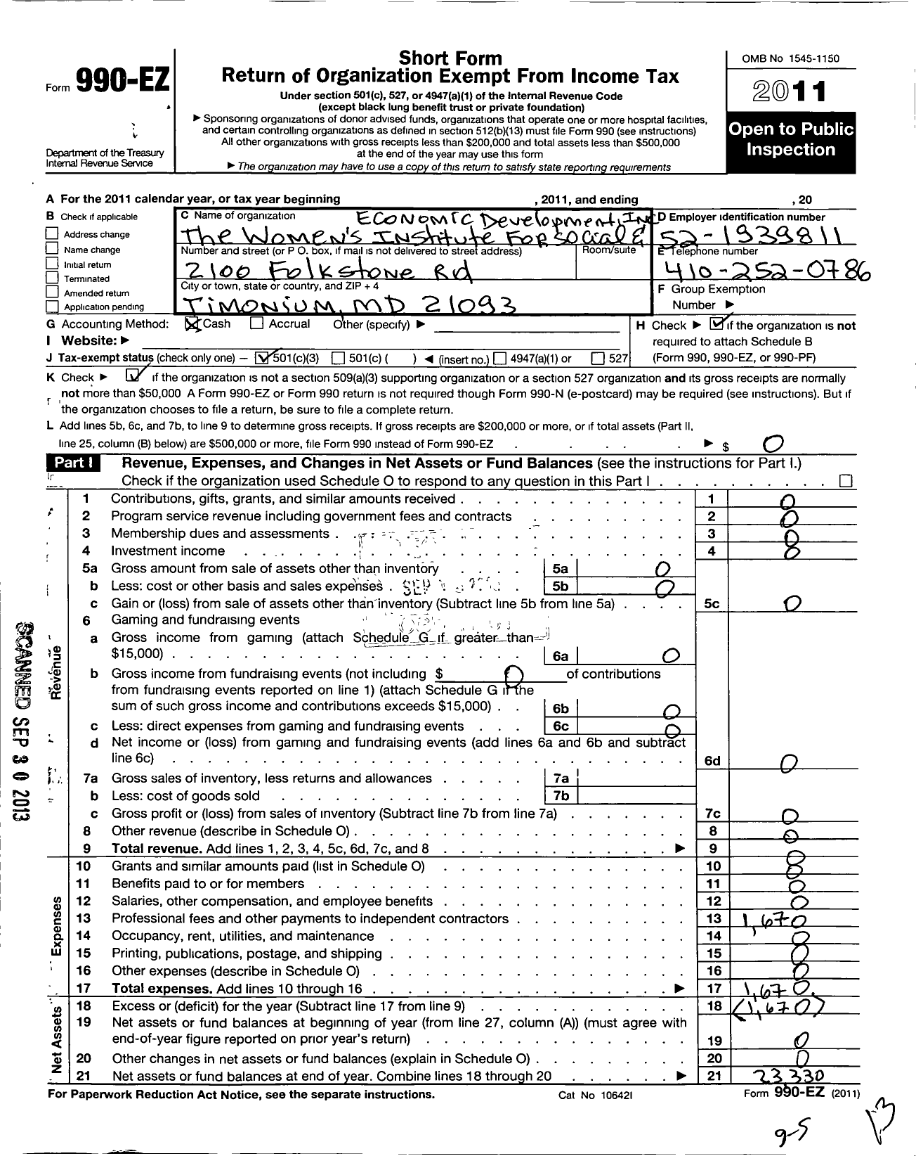 Image of first page of 2011 Form 990EZ for The Womens Institute for Social and Economic Development