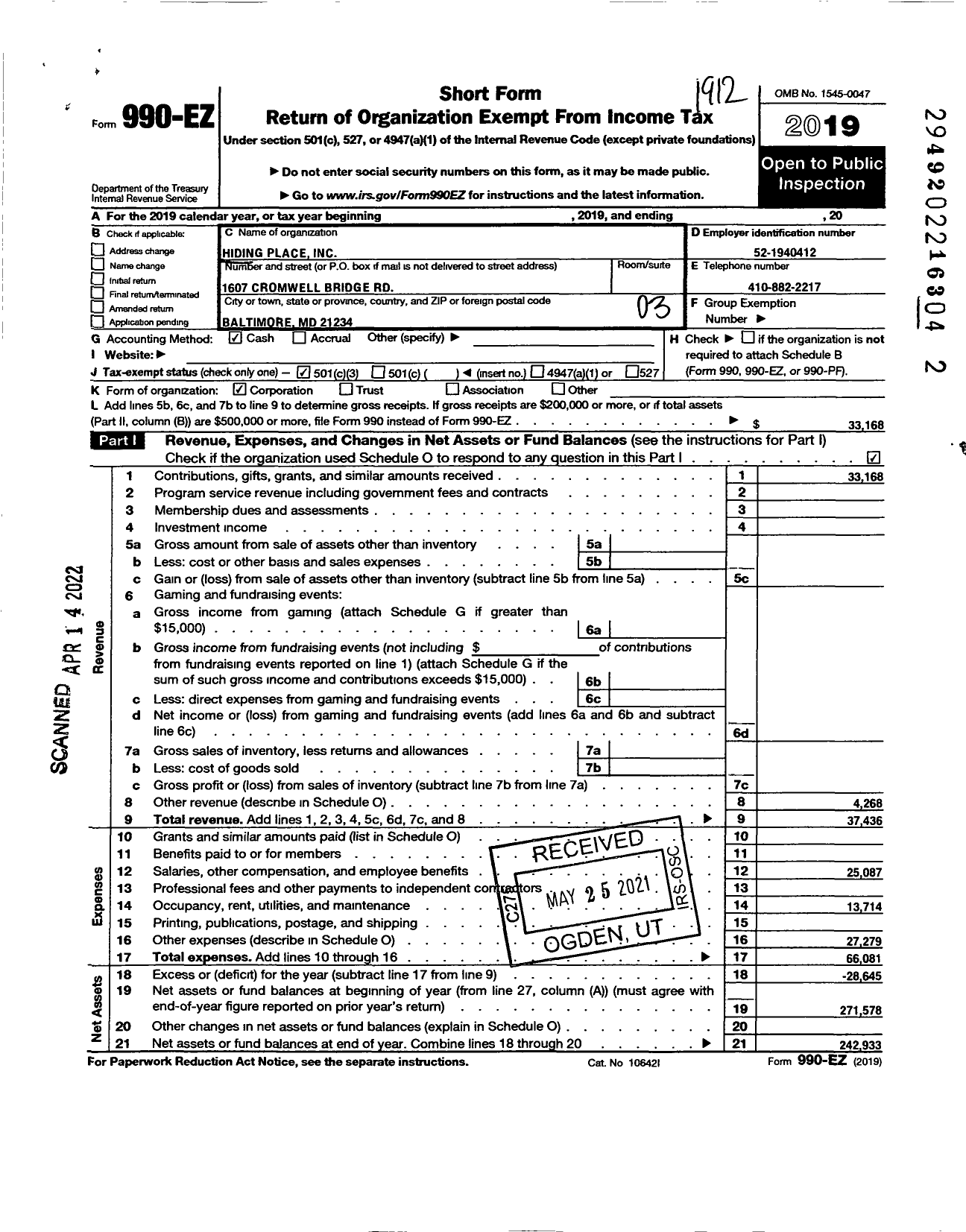 Image of first page of 2019 Form 990EZ for Hiding Place