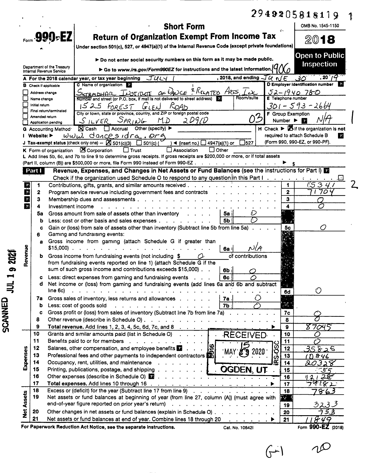 Image of first page of 2018 Form 990EZ for Sutradhar Institute of Dance and Related Arts