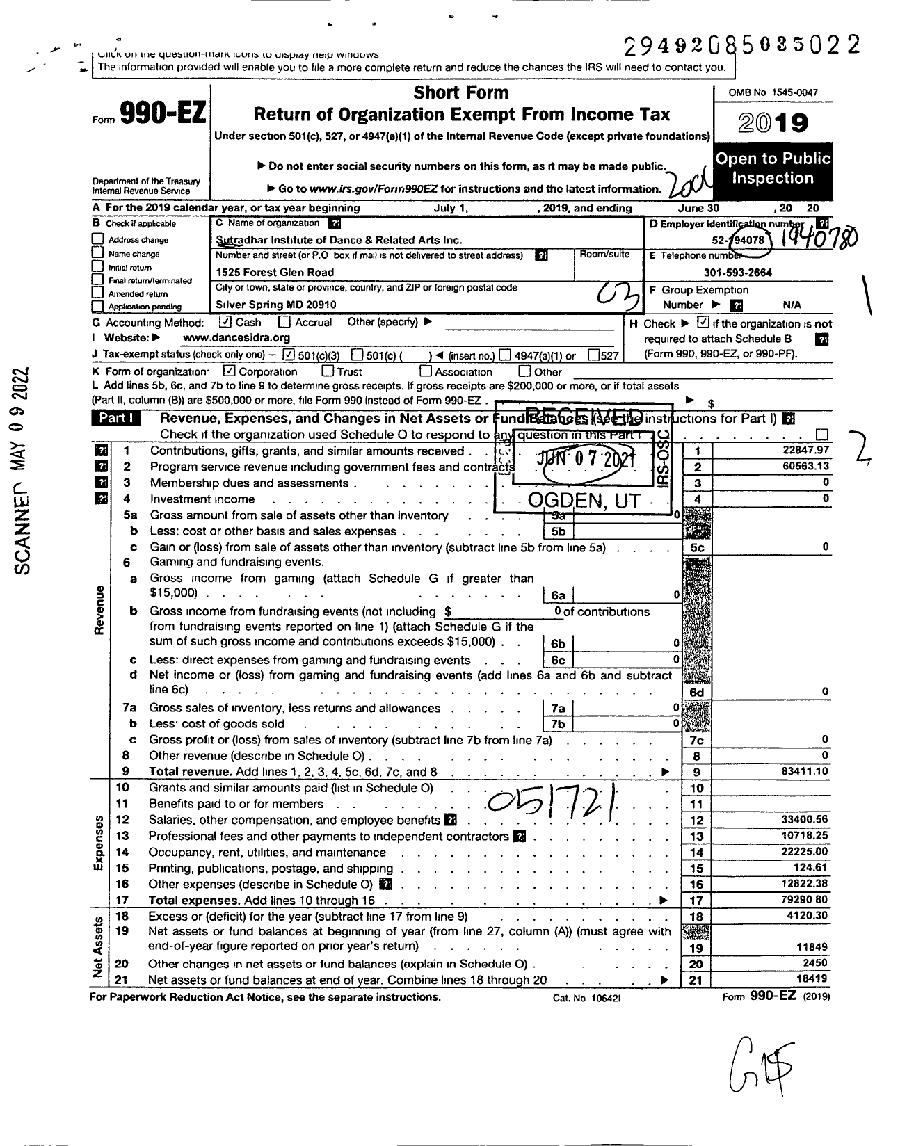 Image of first page of 2019 Form 990EZ for Sutradhar Institute of Dance and Related Arts