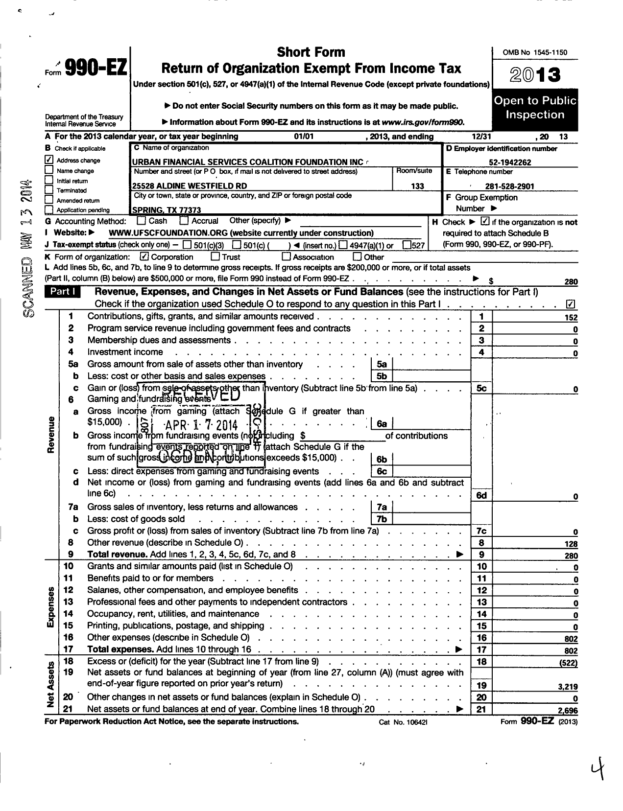 Image of first page of 2013 Form 990EO for Urban Financial Services Coalition Foundation