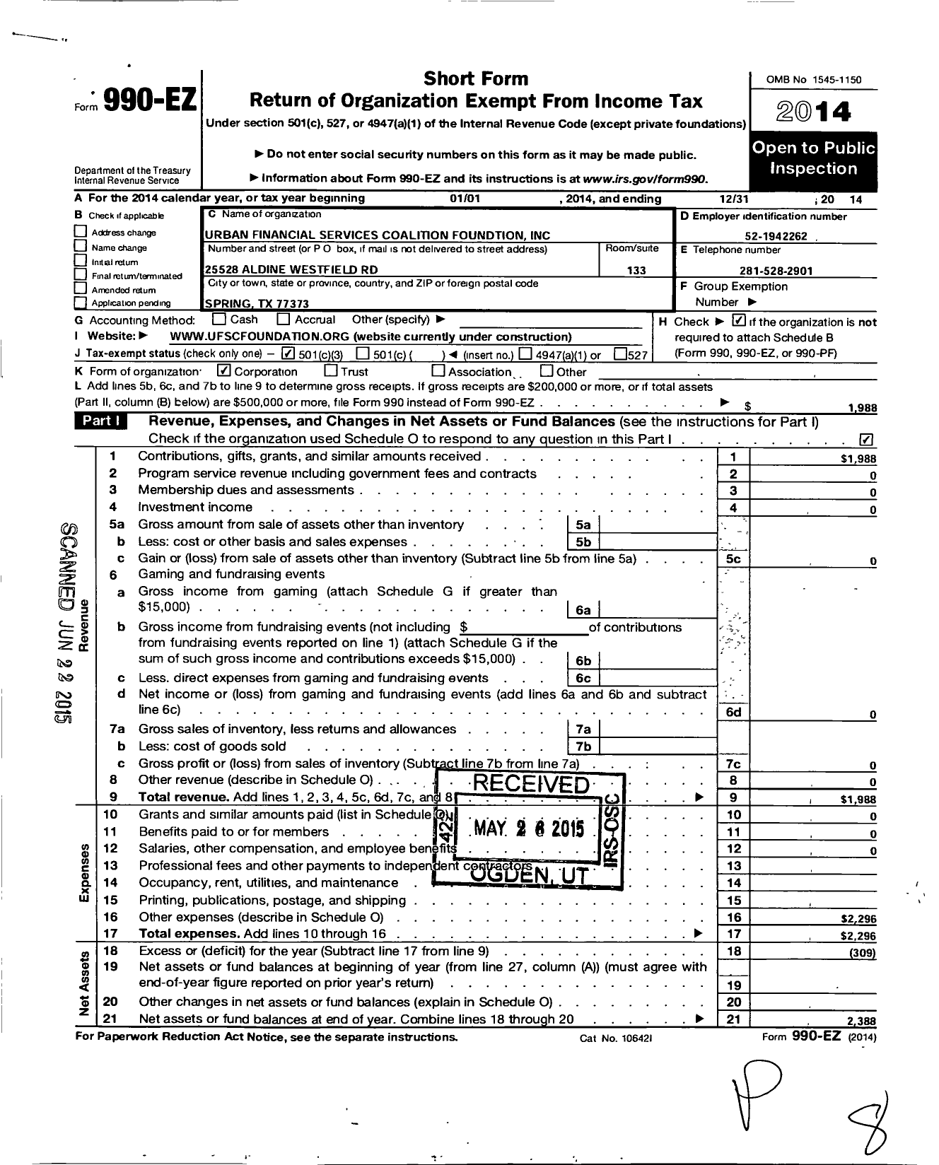 Image of first page of 2014 Form 990EZ for Urban Financial Services Coalition Foundation