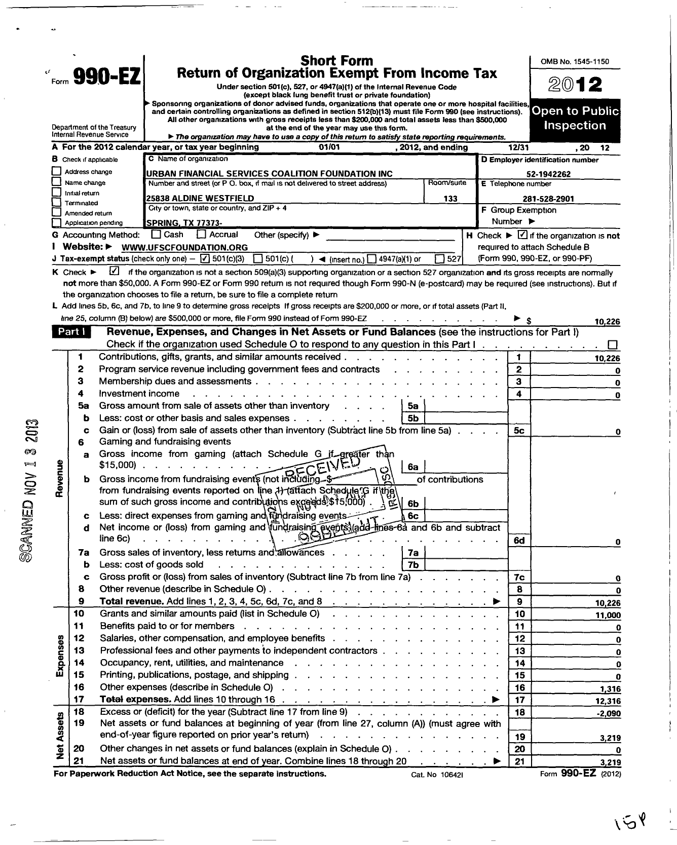 Image of first page of 2012 Form 990EZ for Urban Financial Services Coalition Foundation