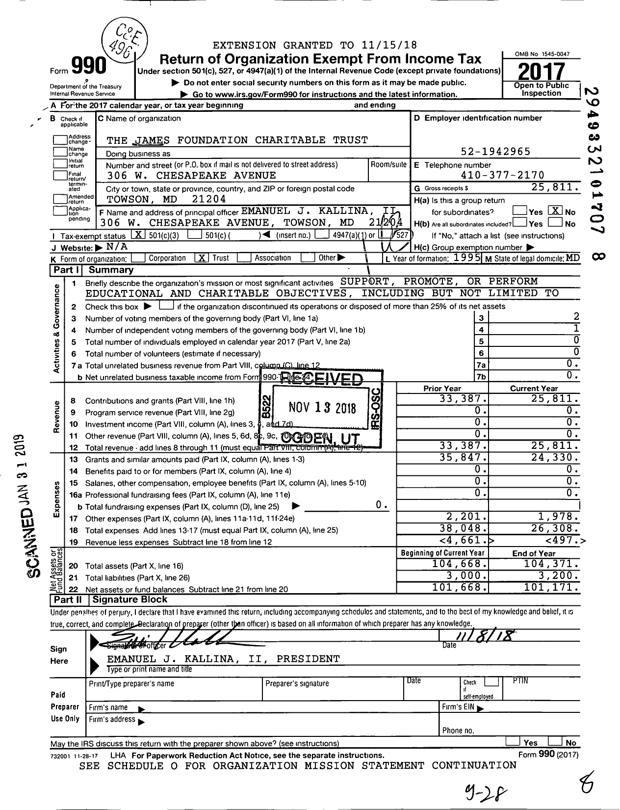 Image of first page of 2017 Form 990 for The James Foundation Charitable Trust