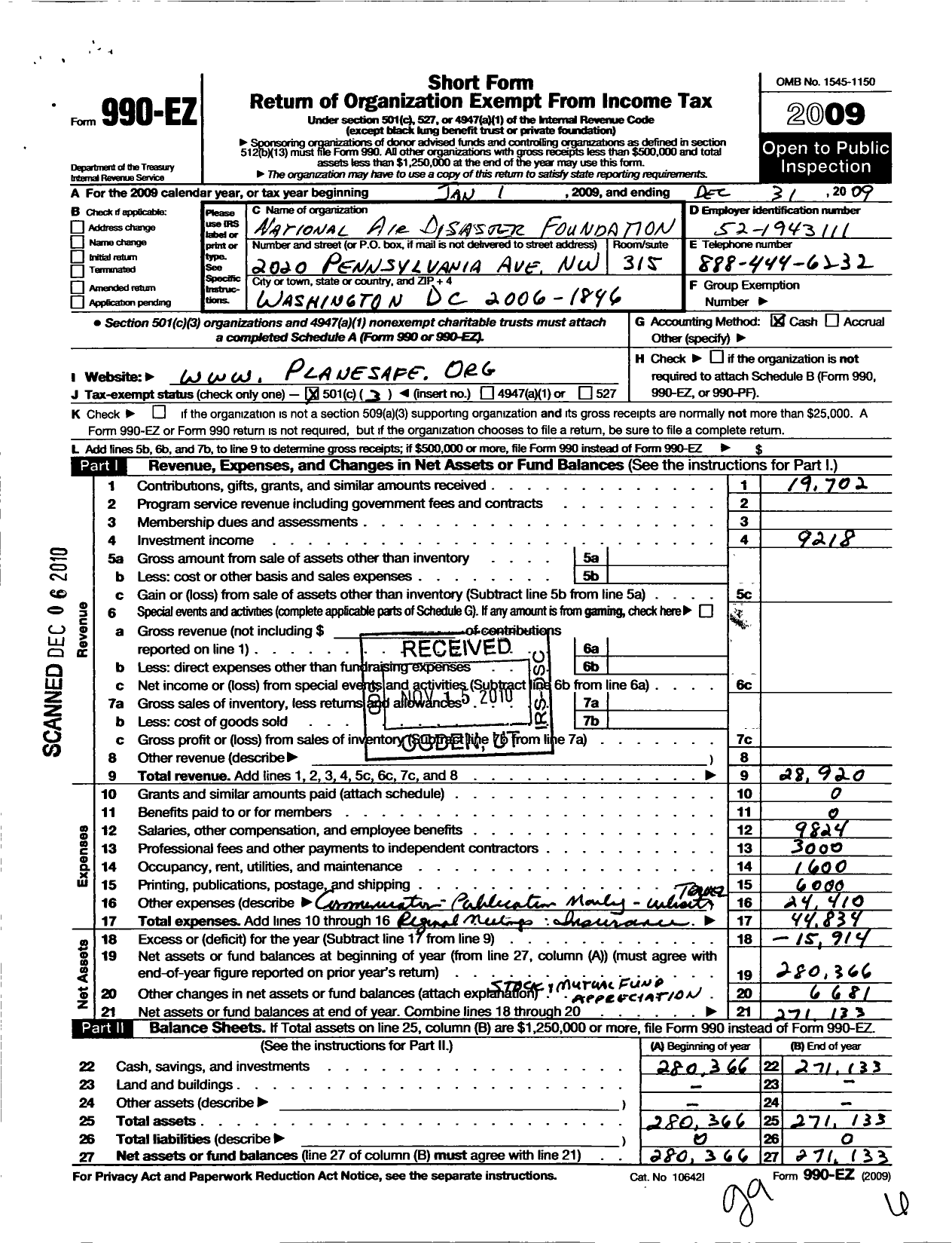 Image of first page of 2009 Form 990EZ for National Air Disaster Foundation