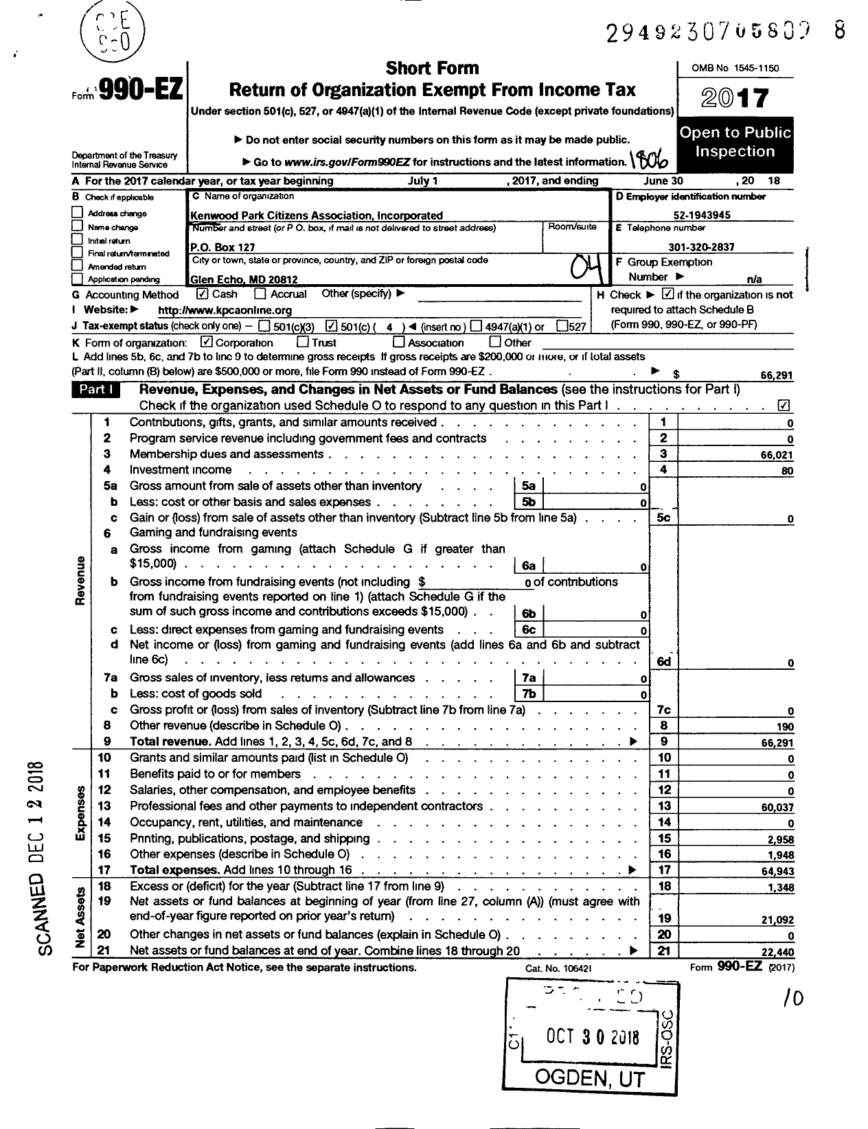 Image of first page of 2017 Form 990EO for Kenwood Park Citizens Association