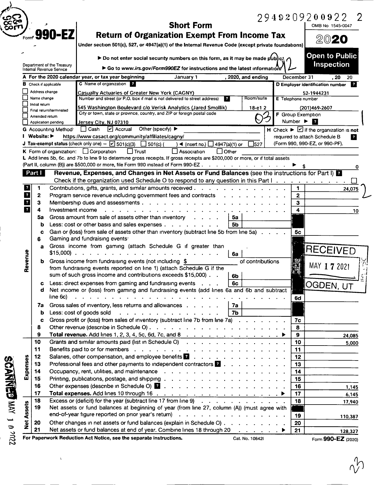 Image of first page of 2020 Form 990EZ for Casualty Actuaries of Greater New York (CAGNY)