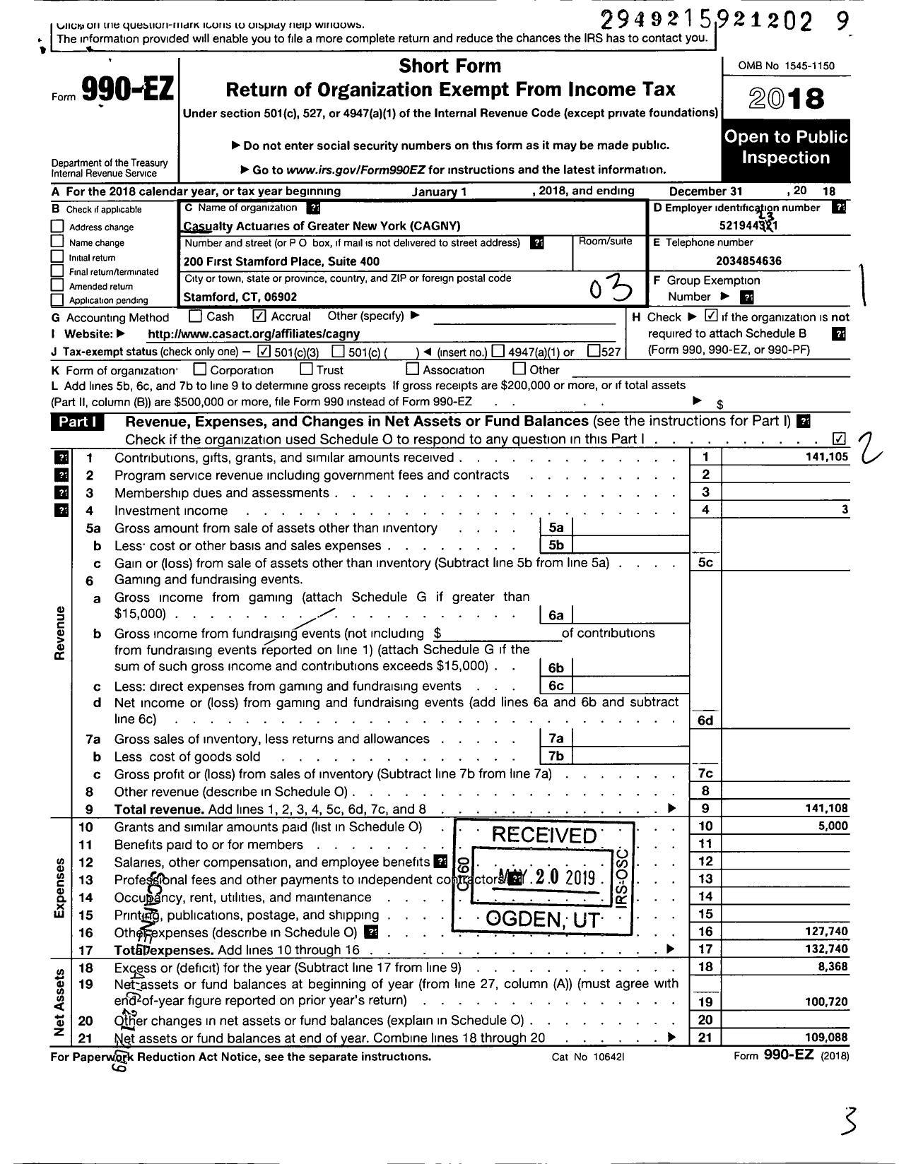 Image of first page of 2018 Form 990EZ for Casualty Actuaries of Greater New York (CAGNY)