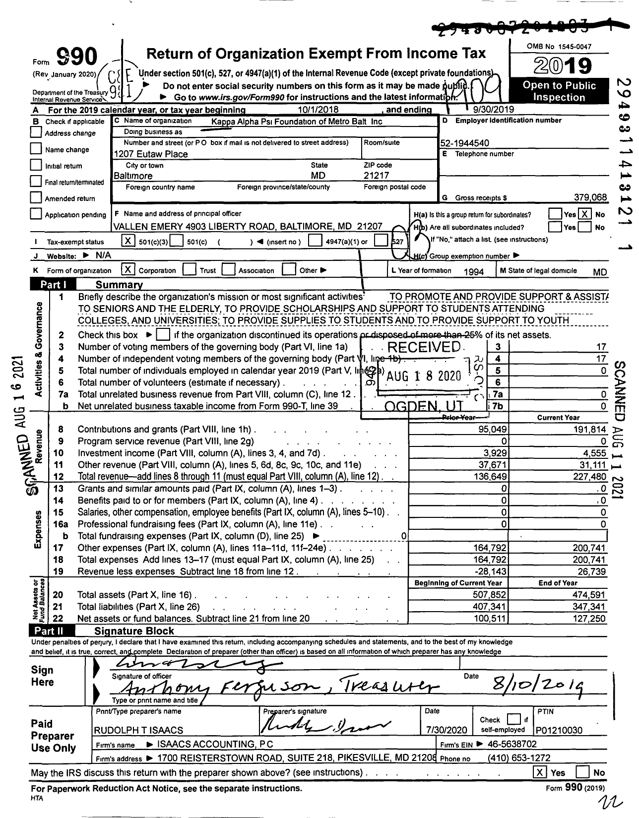 Image of first page of 2018 Form 990 for Kappa Alpha Psi Foundation of Metro Balt