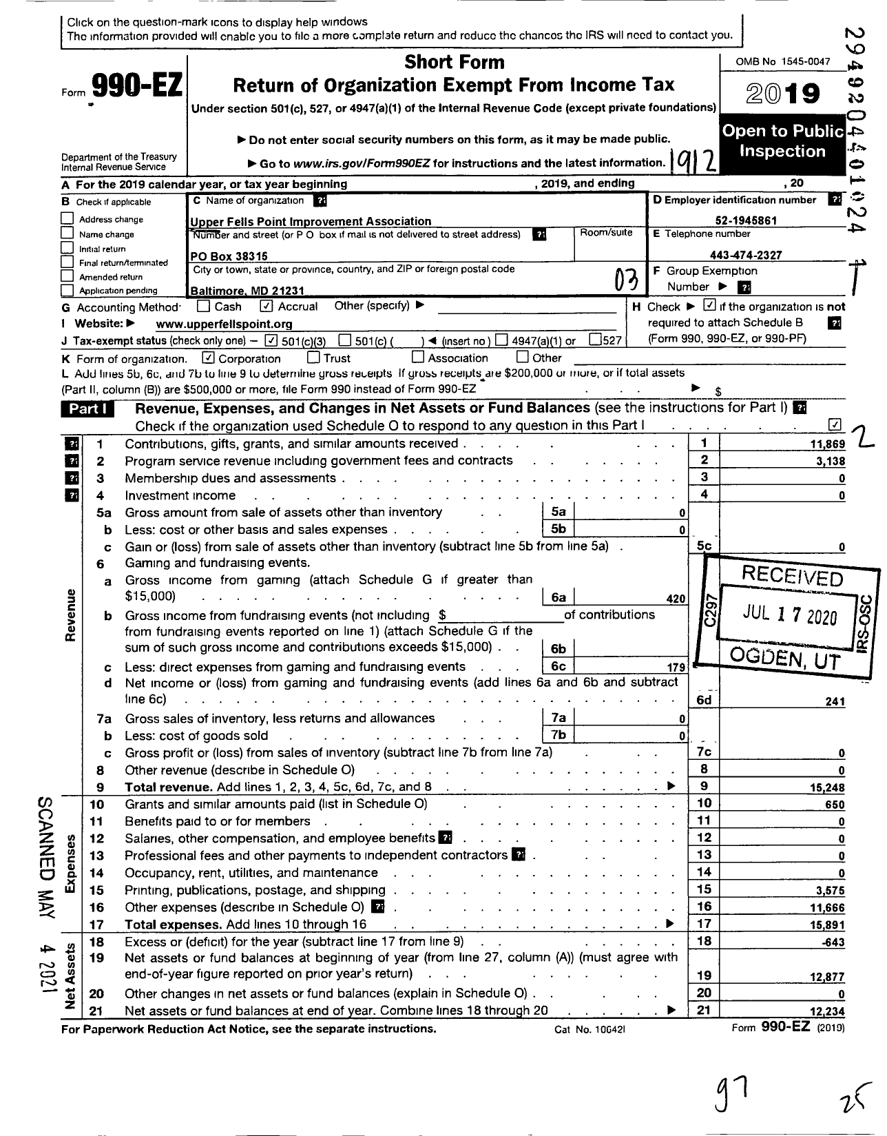 Image of first page of 2019 Form 990EZ for Upper Fells Point Improvement Association