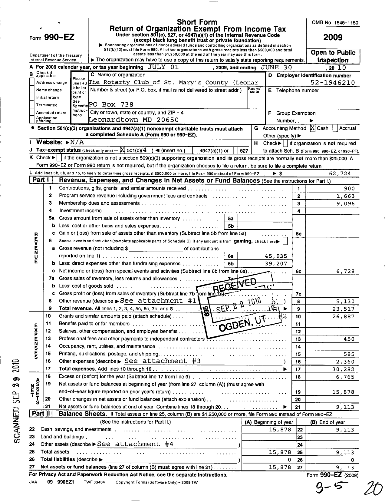 Image of first page of 2009 Form 990EO for Rotary International - St Marys County Leonardtown MD