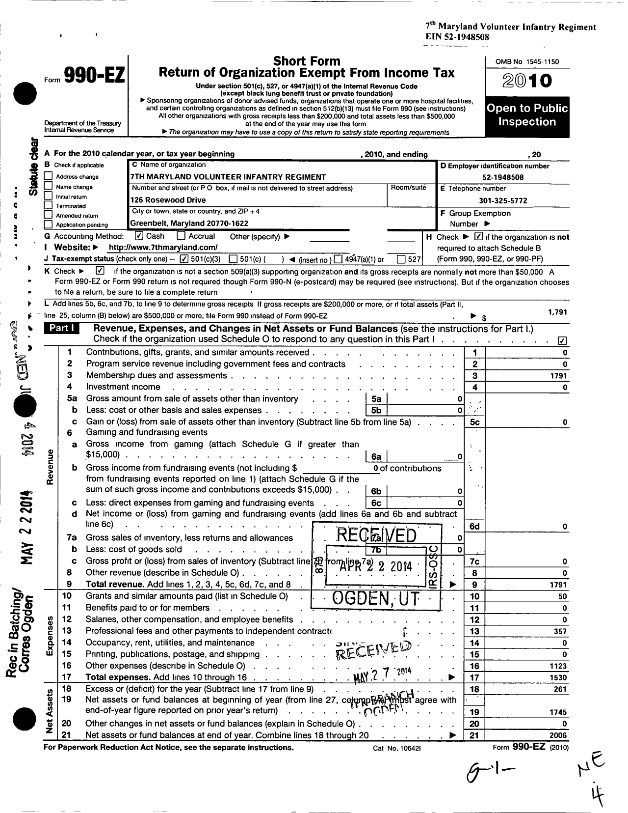 Image of first page of 2010 Form 990EZ for 7th Maryland Volunteer Infantry Regiment