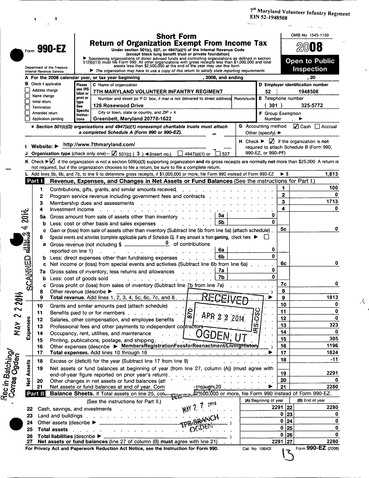 Image of first page of 2008 Form 990EZ for 7th Maryland Volunteer Infantry Regiment