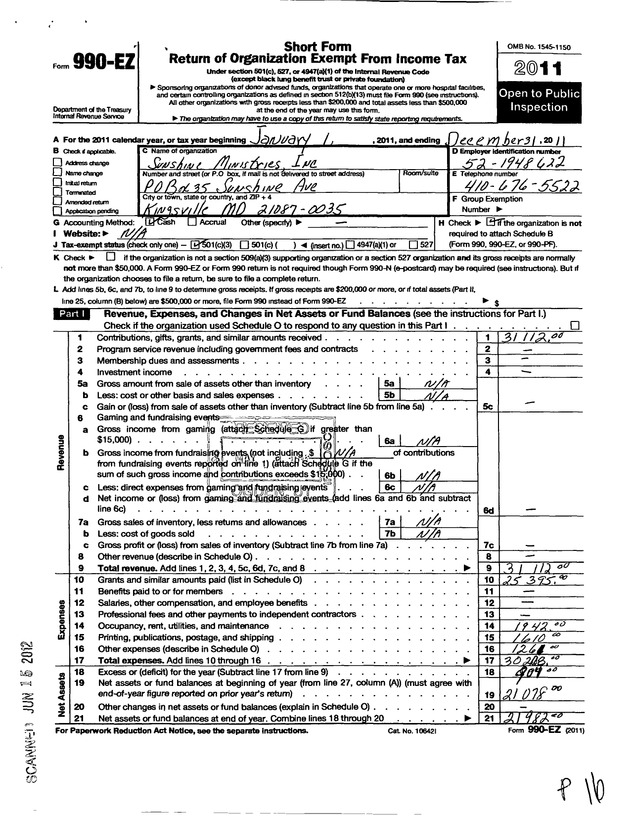 Image of first page of 2011 Form 990EZ for Sunshine Ministries