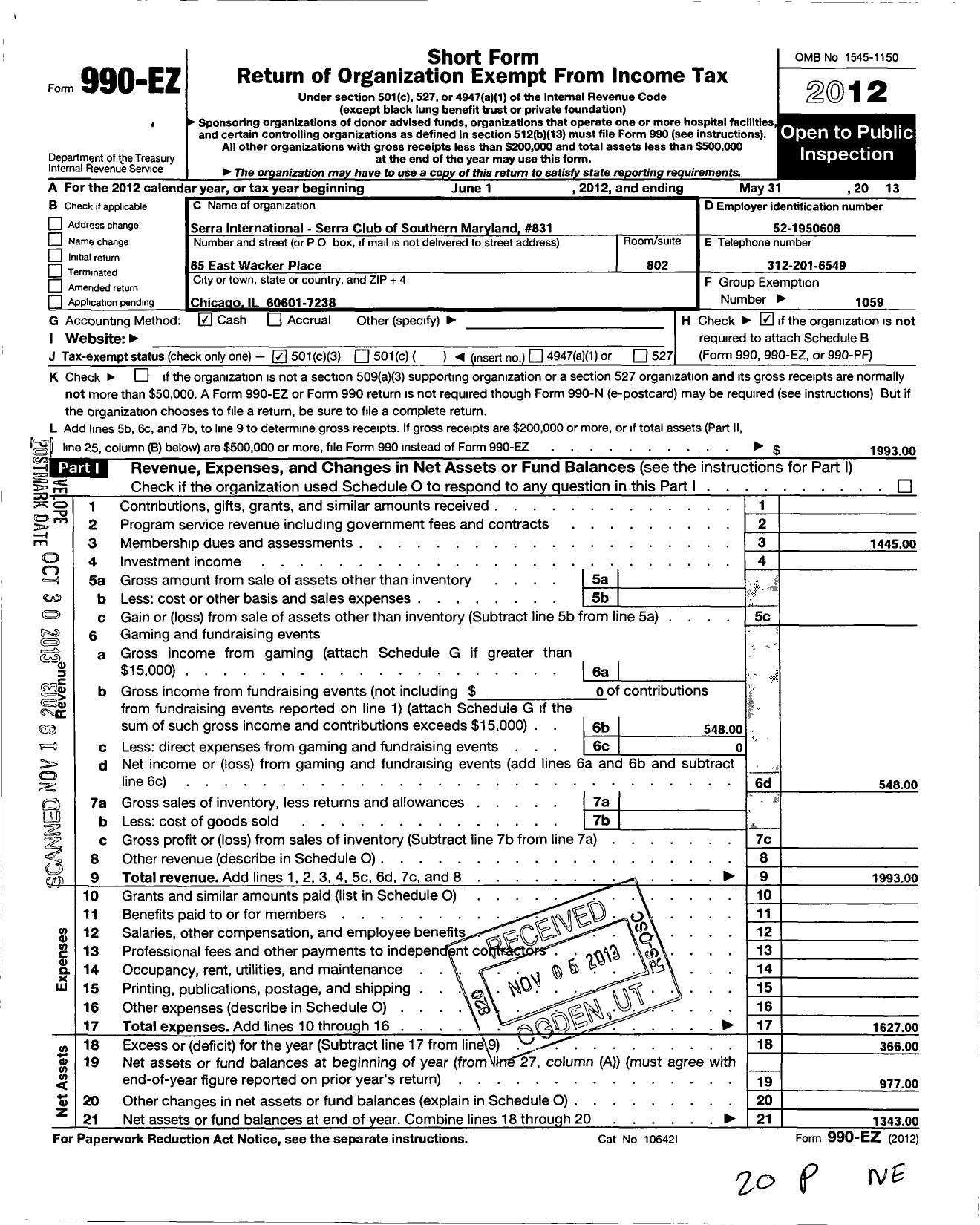 Image of first page of 2012 Form 990EZ for Serra International - 831 Southern Maryland