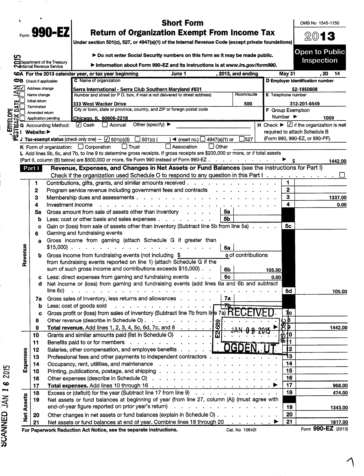 Image of first page of 2013 Form 990EZ for Serra International - 831 Southern Maryland