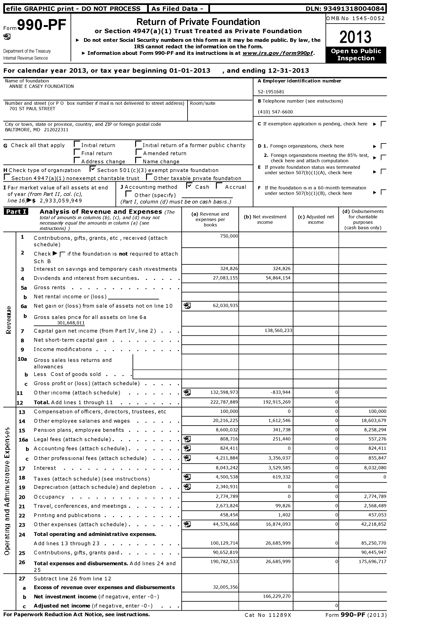 Image of first page of 2013 Form 990PF for Annie E Casey Foundation (AECF)