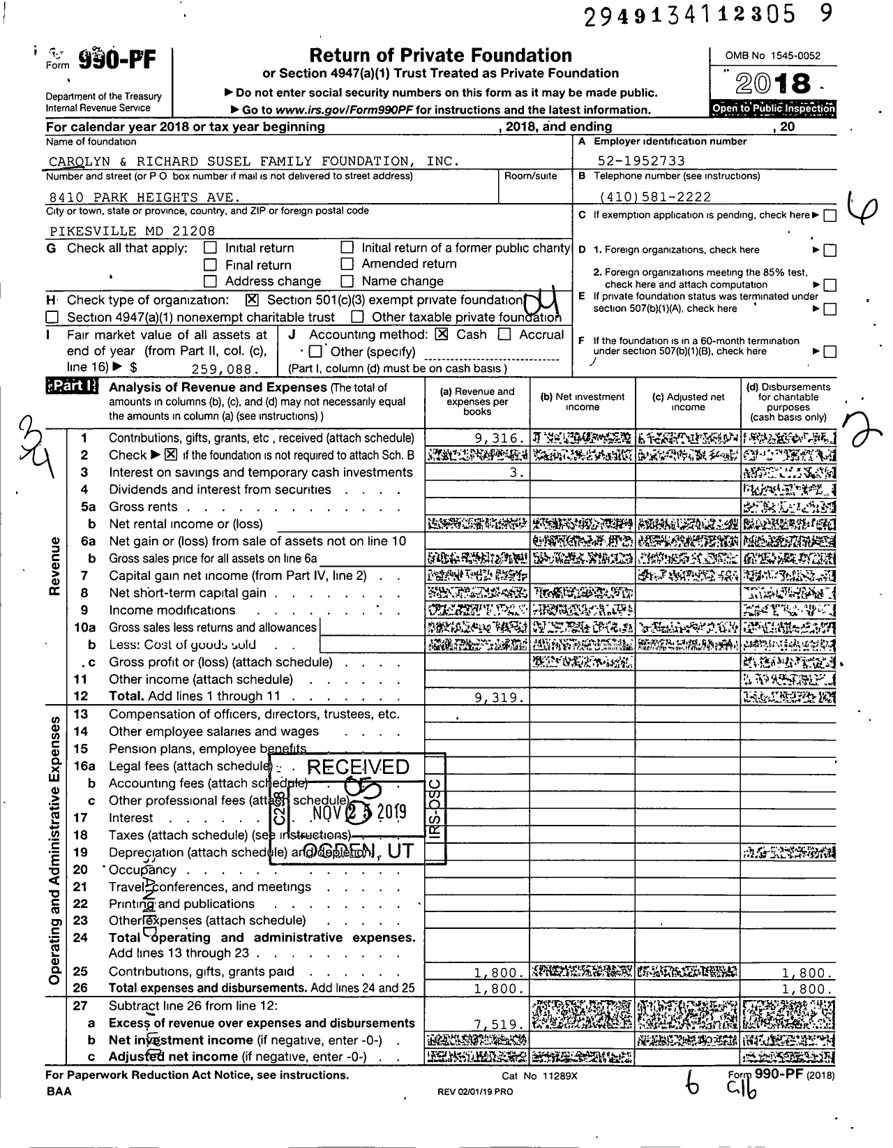 Image of first page of 2018 Form 990PF for Carolyn and Richard Susel Family Foundation