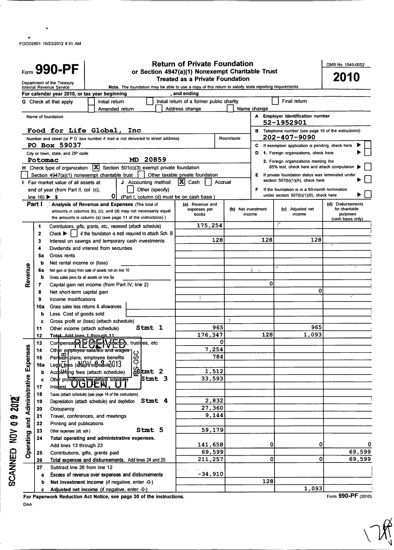 Image of first page of 2010 Form 990PF for Food for Life Global