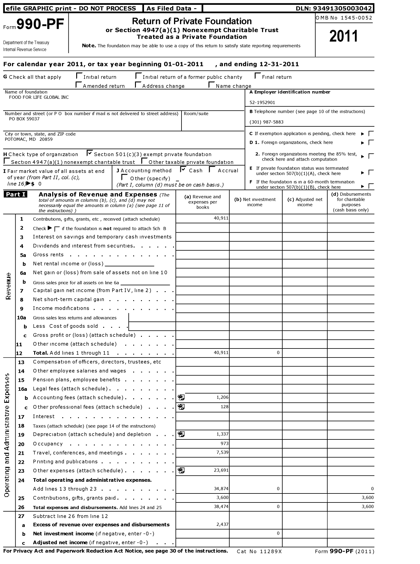 Image of first page of 2011 Form 990PF for Food for Life Global