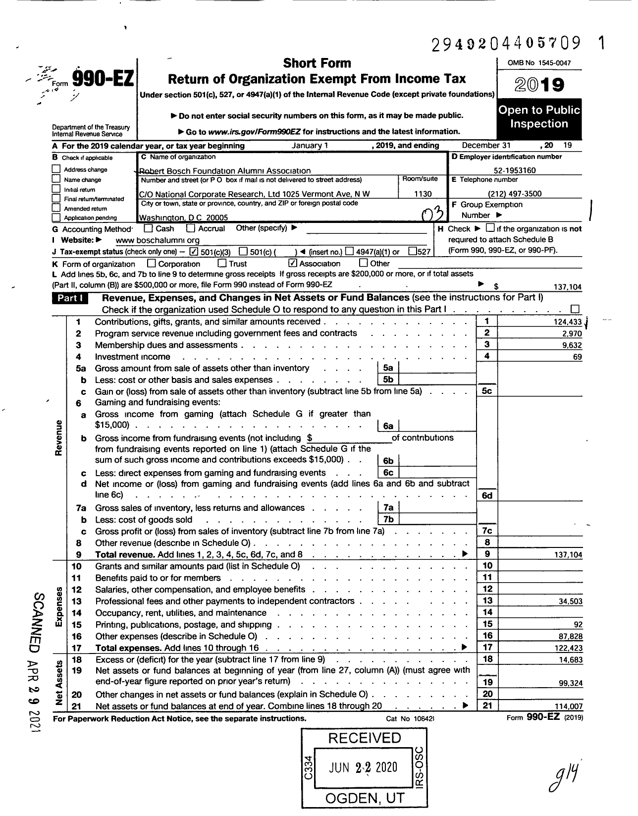 Image of first page of 2019 Form 990EZ for Robert Bosch Foundation Alumni Association