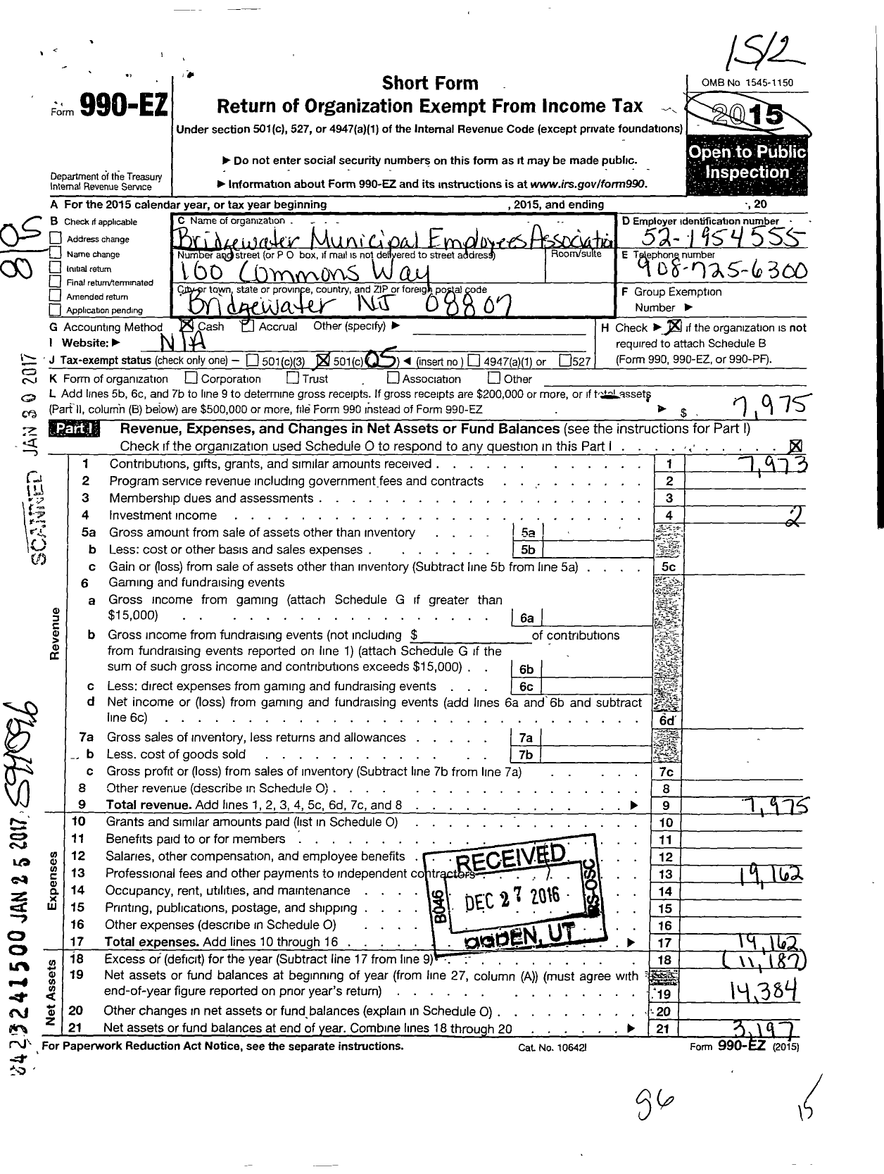 Image of first page of 2015 Form 990EO for Bridgewater Municipal Employees Association