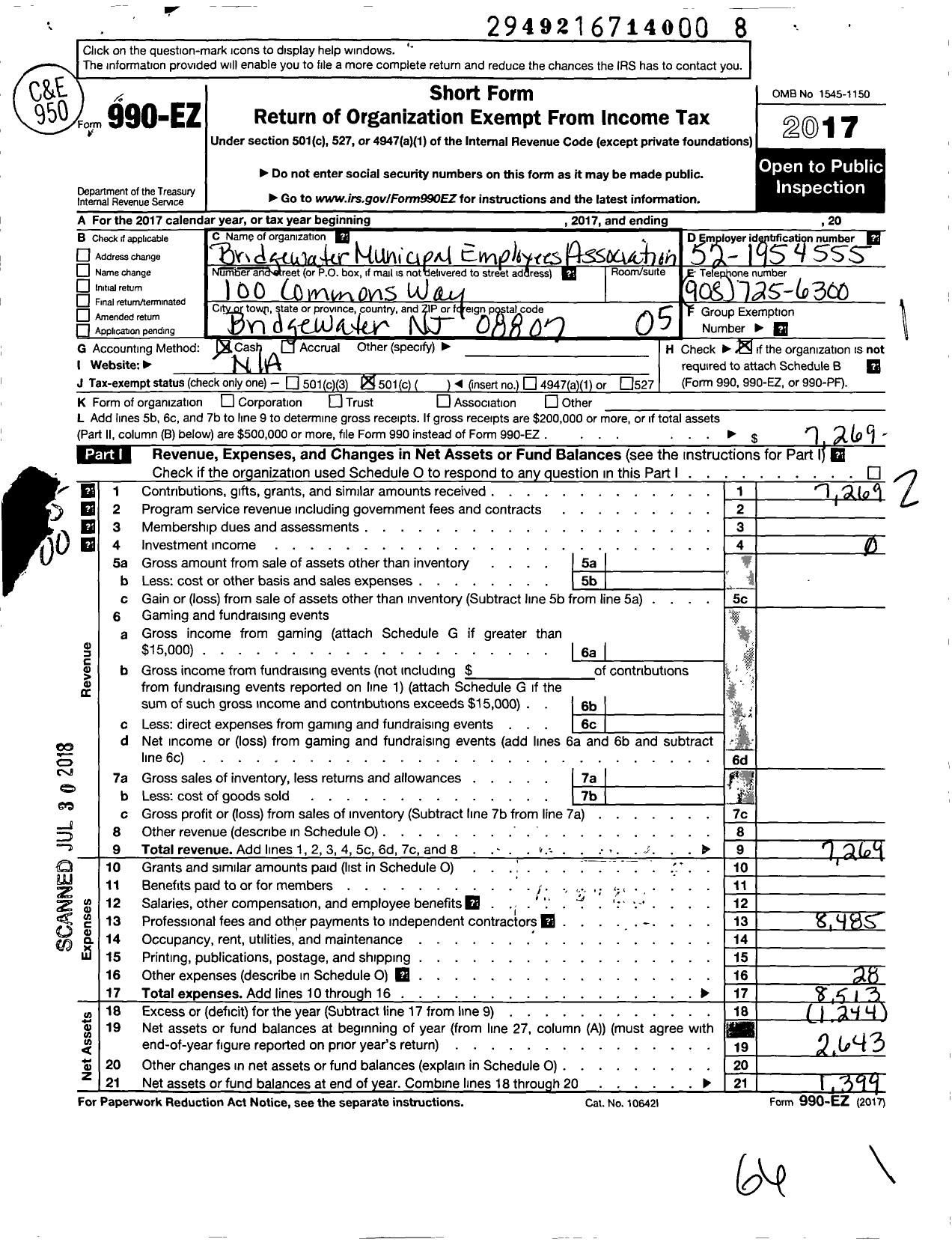 Image of first page of 2017 Form 990EO for Bridgewater Municipal Employees Association