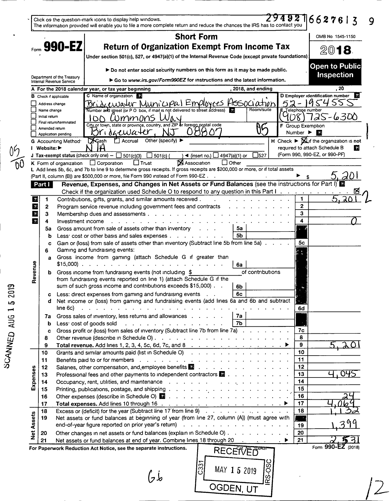 Image of first page of 2018 Form 990EO for Bridgewater Municipal Employees Association